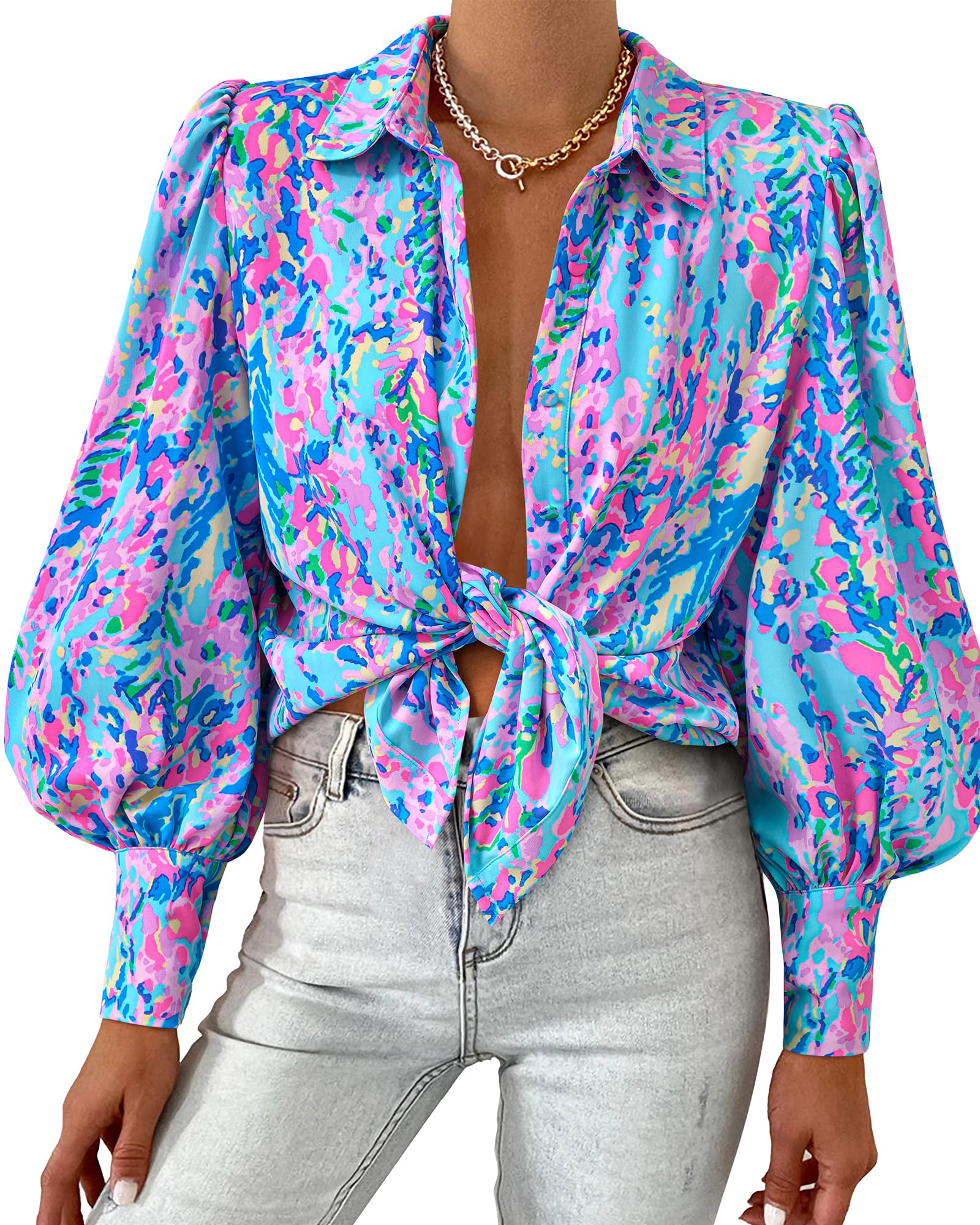BTFBM Women Fashion Button Down Shirts V Neck Printed Solid Boho Long Sleeve Blouses Dressy Casual Summer Fall Tops