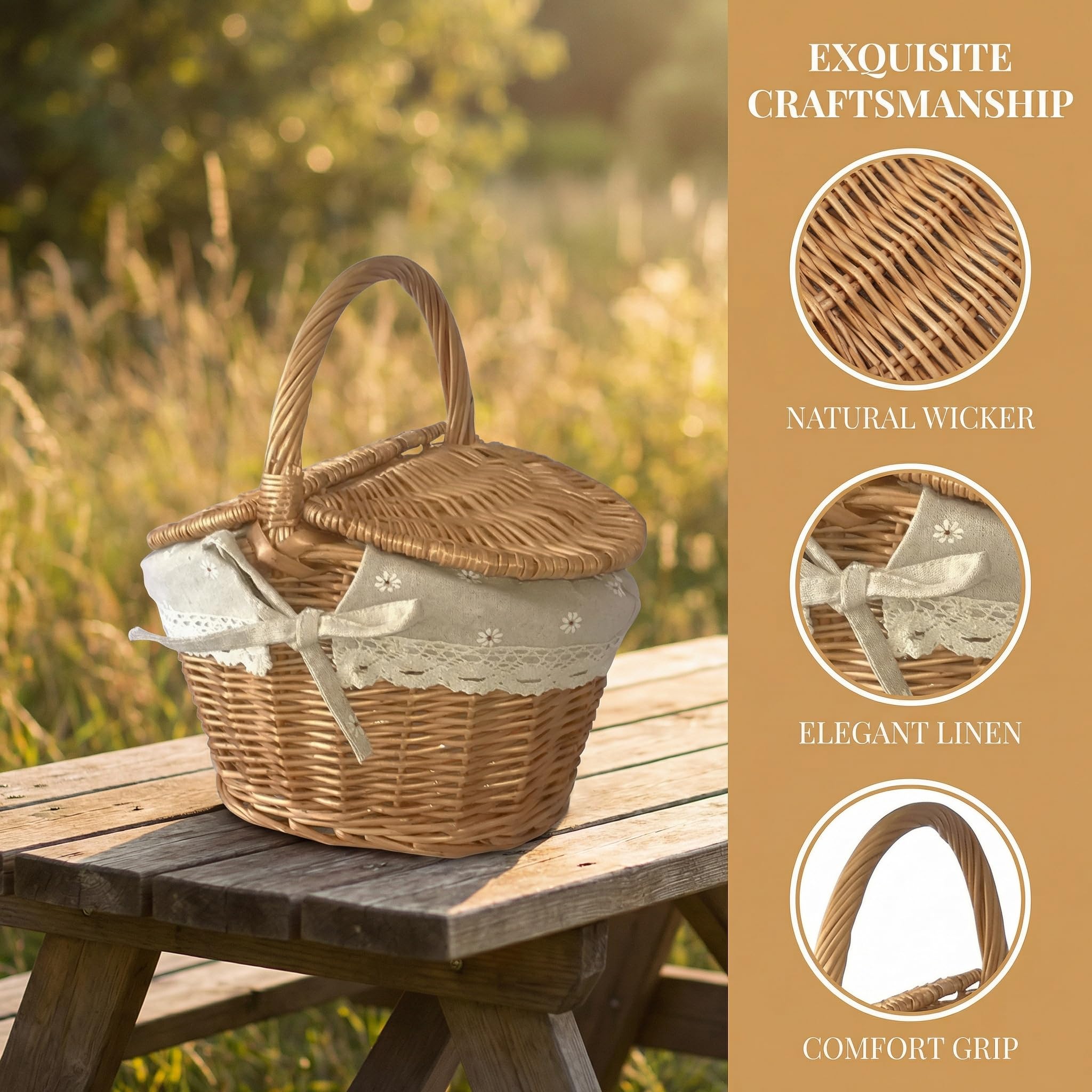 Handgefertigter Picknickkorb Aus Weide Mit Doppeldeckel Und Griff – Kreativer Aufbewahrungskorb Für Camping, Obst Und Snacks – 26 cm X 18 cm X 14 cm