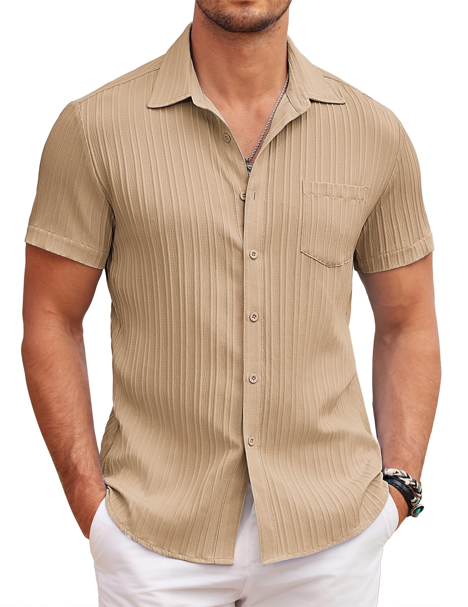 COOFANDY Herren Kurzarm Hemd Casual Sommer Freizeithemd Button Down Strand Hemden Regular Fit mit Brusttasche Khaki XXXL