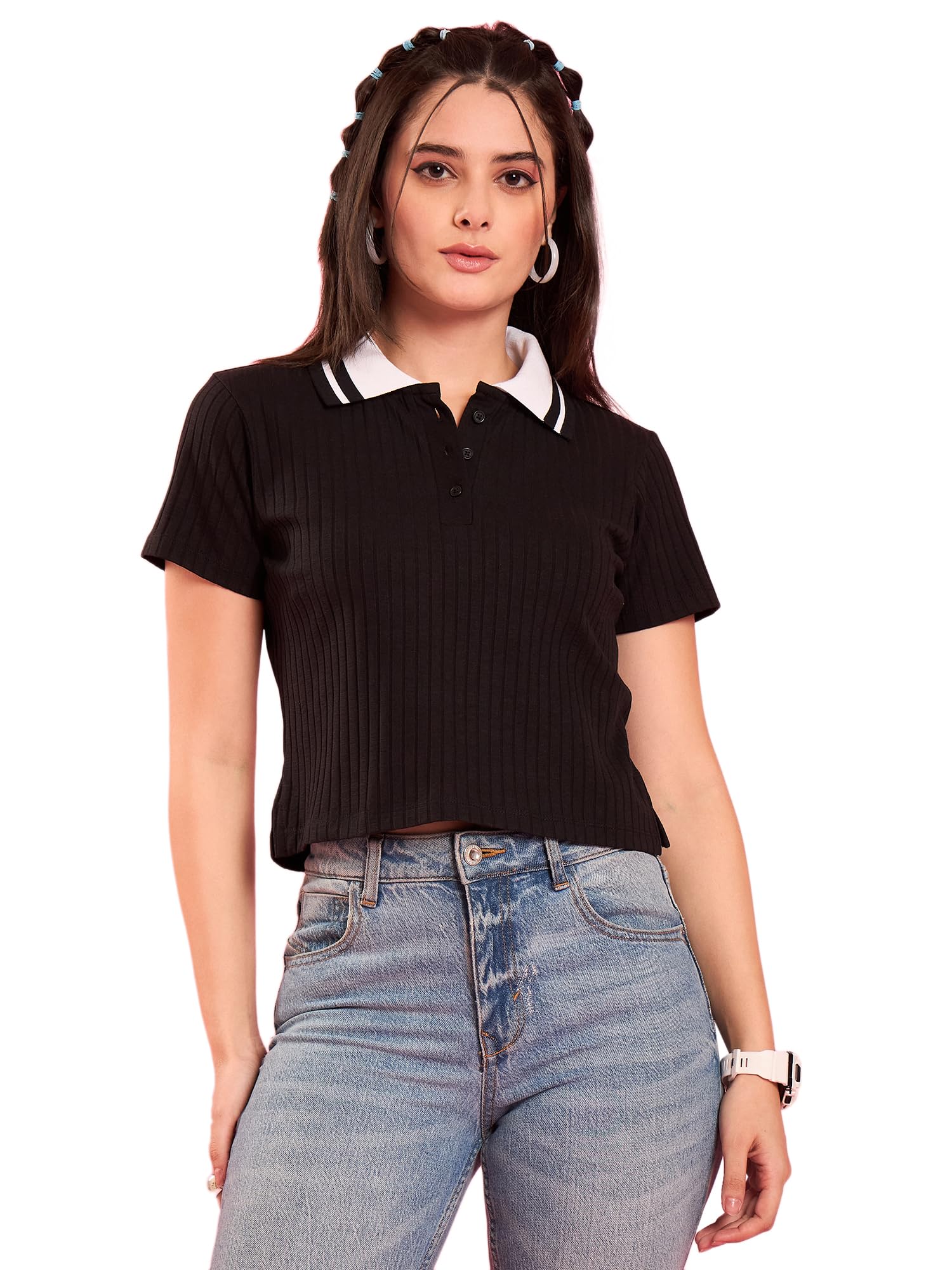 winered Pink Ribbed Polo Cotton Crop Top-picture-24