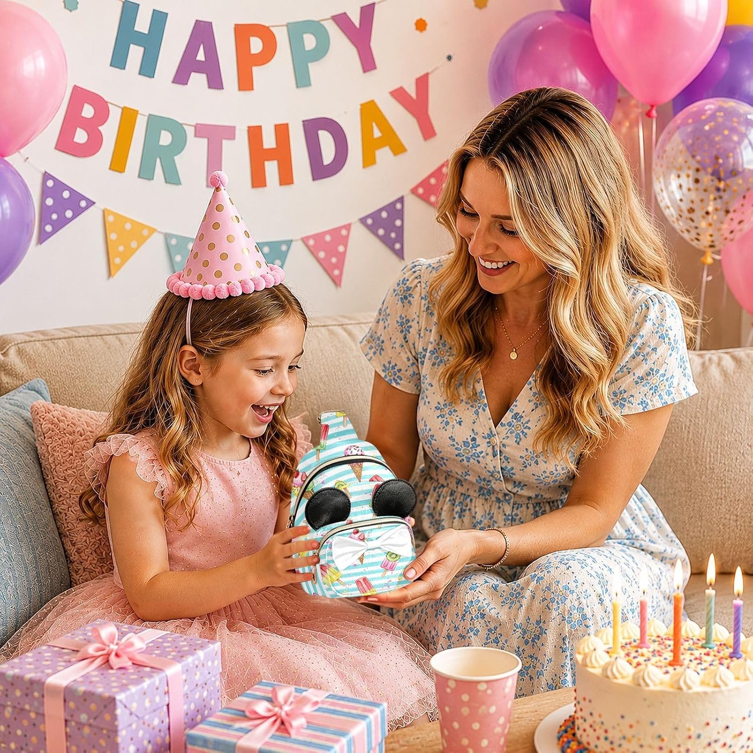 Ice Cream Kids Sling Bag for Girls, 3.1x5.7x7.5 In | Crossbody Fanny Pack, Toddler Purse, Cute Sling Belt Bag with Ears, 2L Small Shoulder Chest Bag for Travel