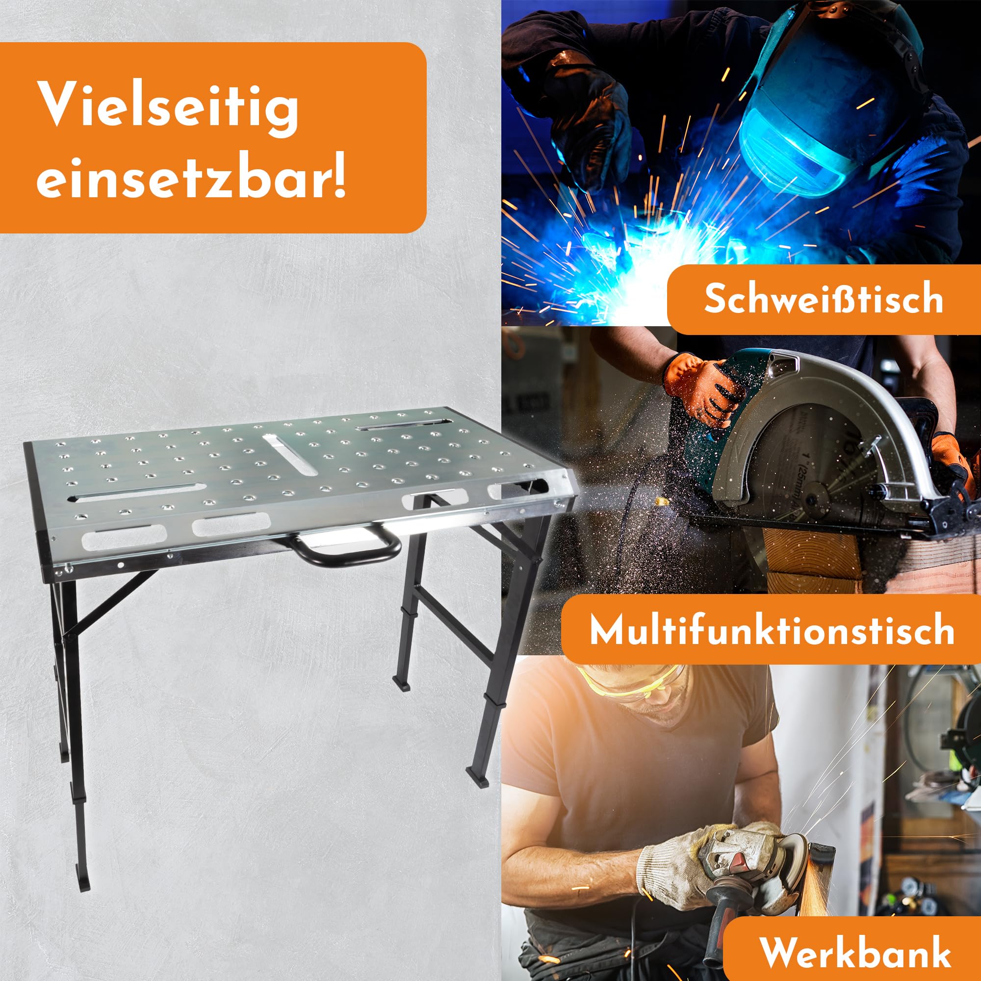 Lemodo Schweißtisch klappbar – Mobile Werkbank aus Stahl, 7-Fach höhenverstellbar, belastbar bis 450 kg, neigbare Arbeitsplatte, kompakt Faltbarer Werkzeugtisch für Werkstatt, Garage und Baustelle
