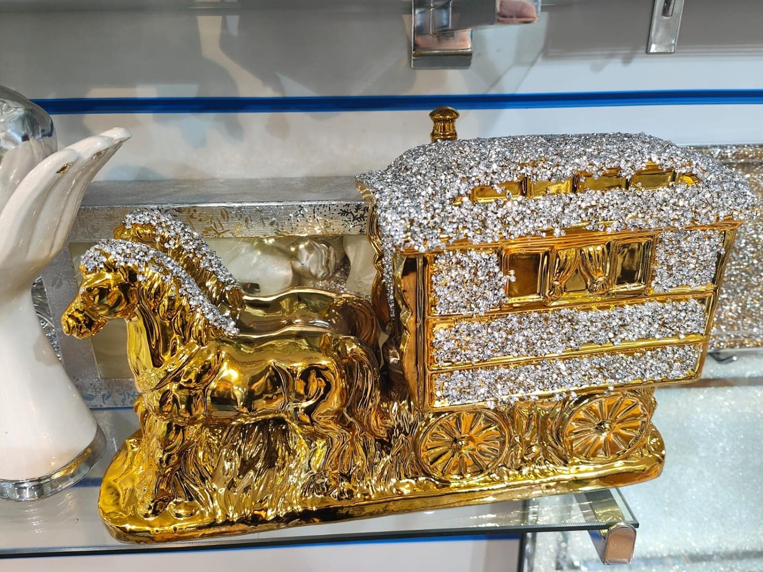 Deenz Gold Ornaments Horse With Wagon Gypsy Crushed Diamond Carriage Ornament Shelfsitter Bling (Gold)