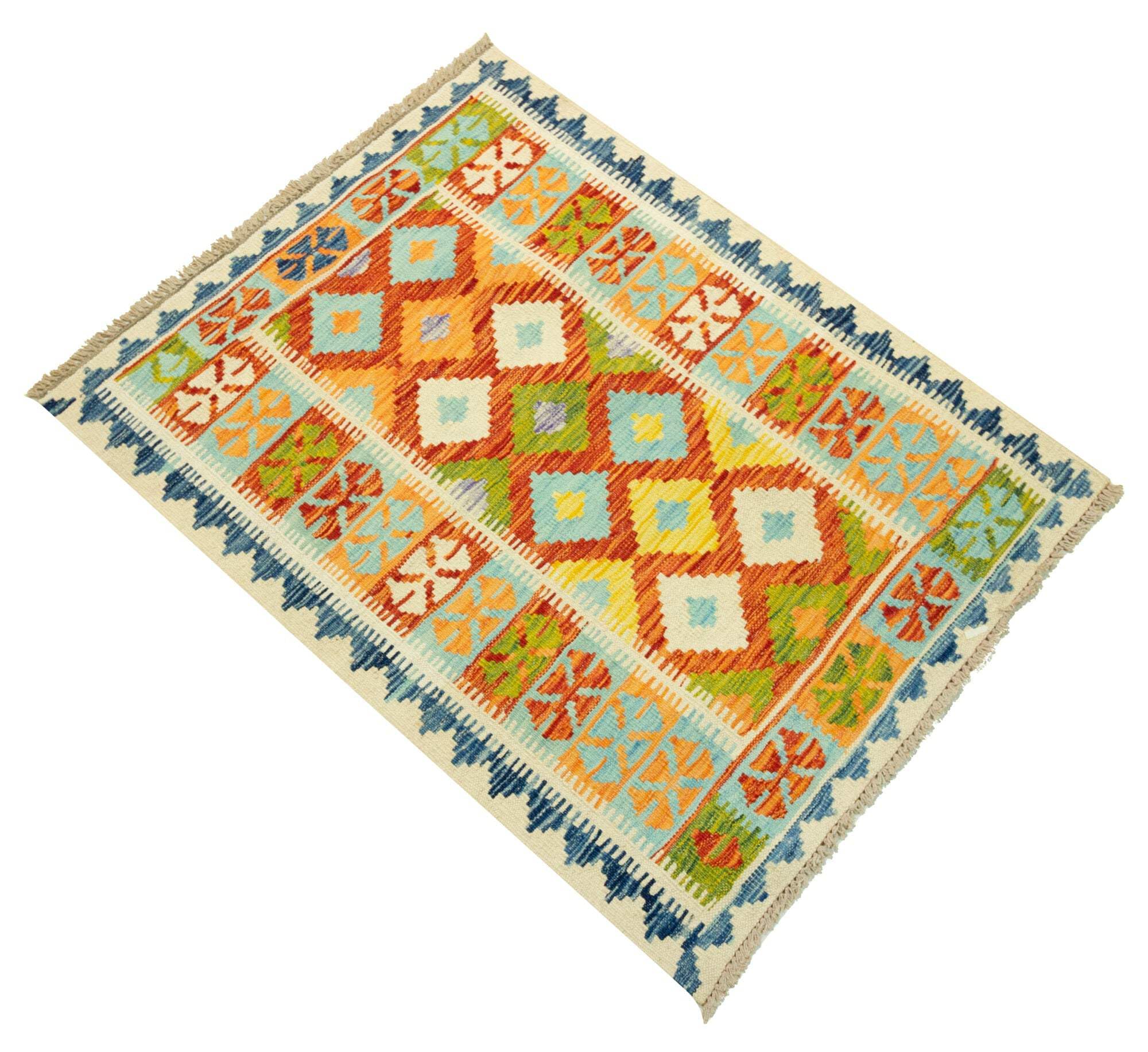 Kilim Tapis 100 % laine 118 x 80 cm, fait à la main, pièce unique de style Herat Boho multicolore, tissage plat, tapis d'entrée et chambre