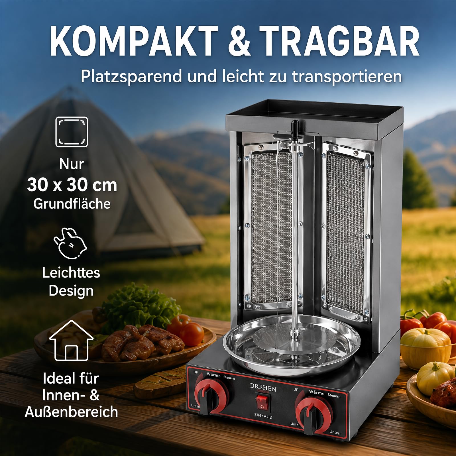 Grill gazowy do kebaba, 3000 W, 2 palniki, grill do domu, grill do szaszłyków, rotisser, grill gazowy, do steków, wysokowydajny grill LPG, pionowy brojler, elektryczny grill stołowy