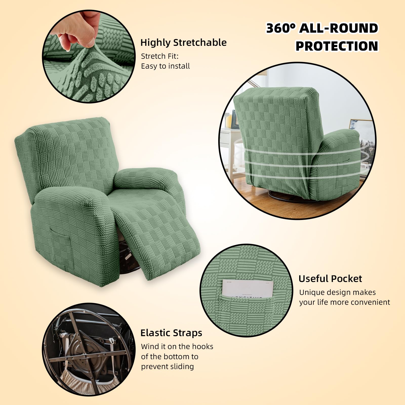 OKYUK Fodera per poltrona Relax, alta elasticità per poltrona relax reclinabile, 4 pezzi, con tasche laterali, estraibili e lavabili fodere protettive (verde riga)