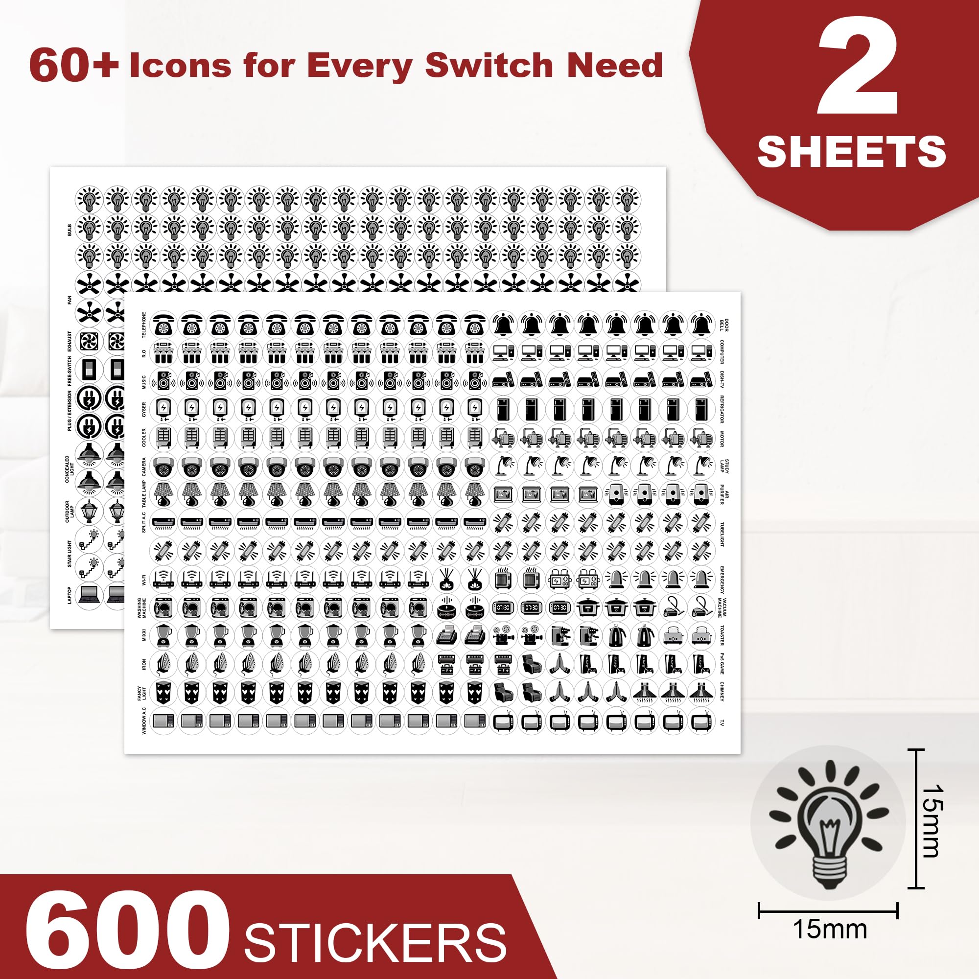 GLUN® 600 Switch Board Stickers 60+ Icons (Monochrome Black) | Luxury Vinyl Decorative Switch Stickers for Home, Hotel, Office & School | Self Adhesive, Waterproof & Removable — Amazon image 2