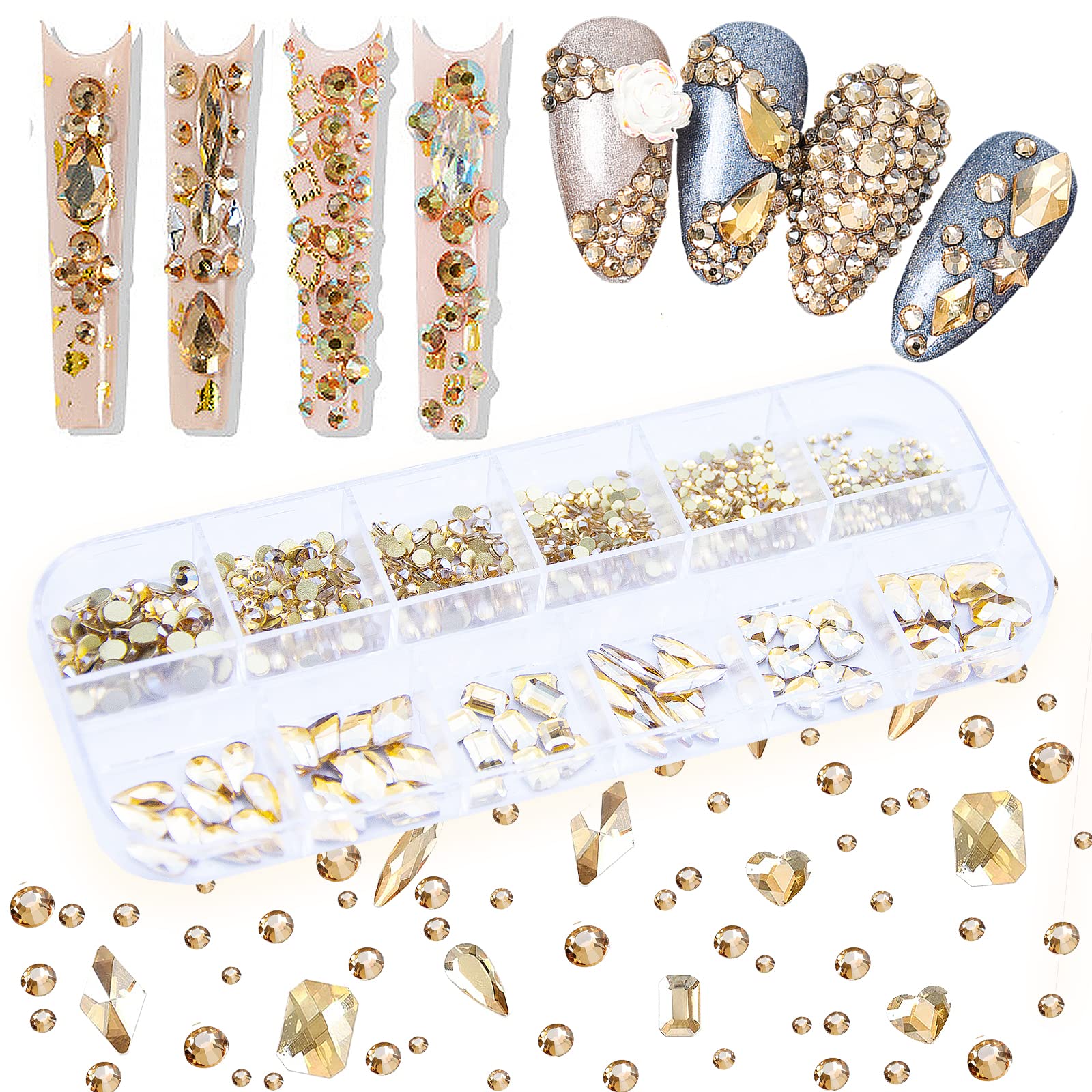 Tatiwoo 660Pcs Champagne Gold Crystal Rhinestones Nail Art Flat Back Round Multi Sized Shapes Stones Gem Rhinestone Beads for Nail Art DIY Jewelry Crafts Accessories