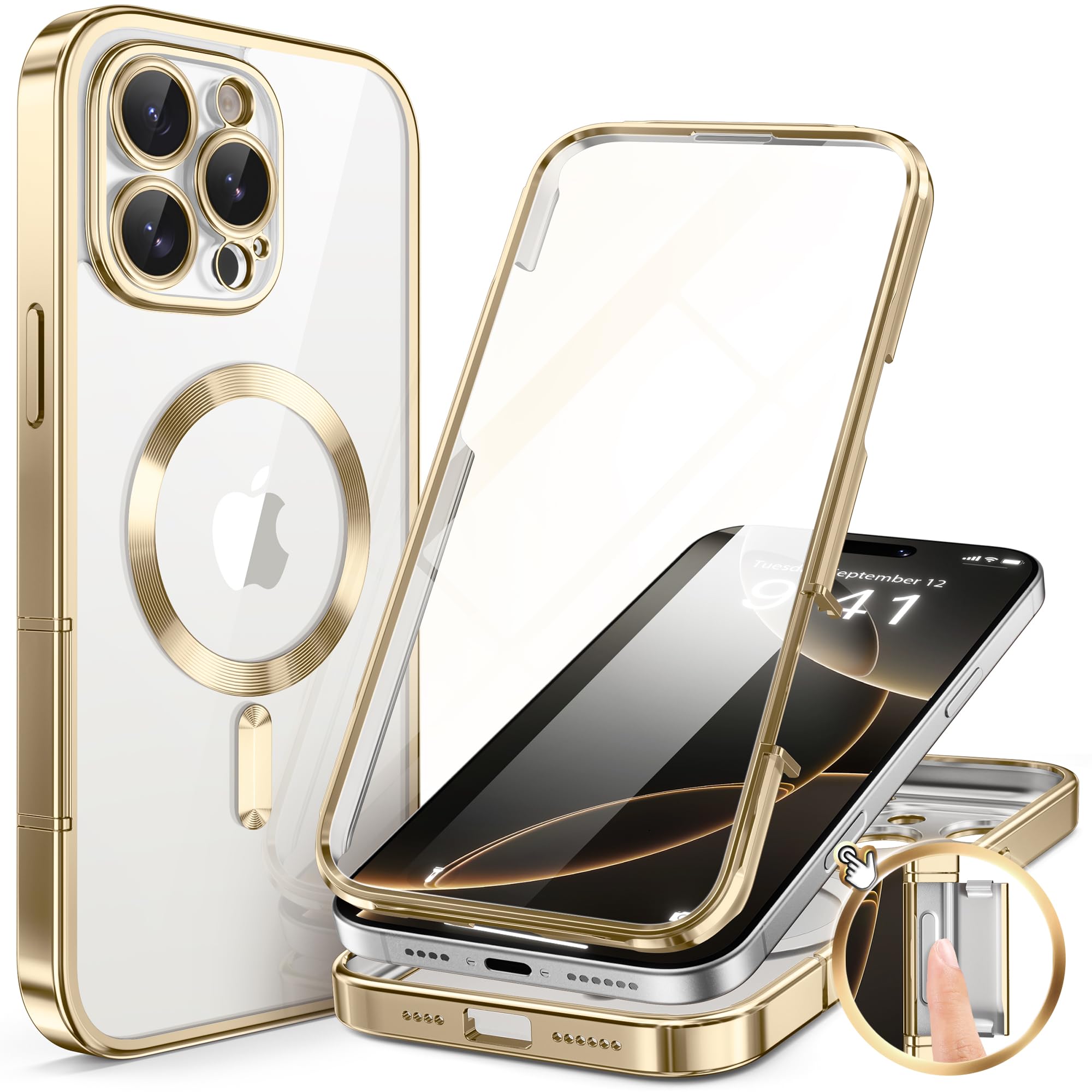 BERFY Magnetic for iPhone 16 Pro Max Case 6.9", [Compatible with Magsafe] Built-in 9H Tempered Glass Screen Protector & Upgraded Camera Protection, Full-Body Plating Phone Case for 16 ProMax, Gold