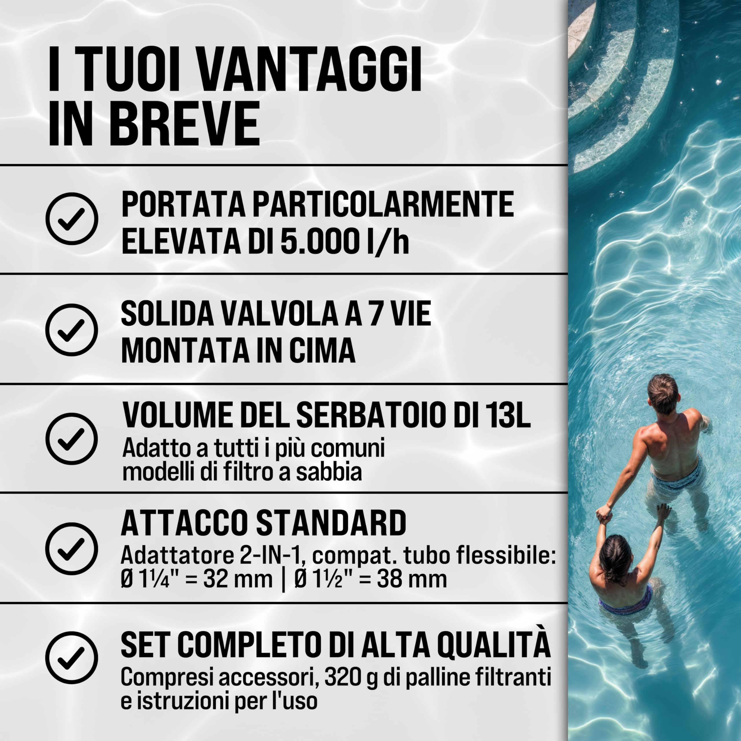 MONZANA® Filtro per Piscina MZPP180 5000 l/h fino a 15.000L incl. Palline Filtranti Valvola 7 Vie Adattatore 2in1 Ø32-38mm 180W Filtraggio per Piscina