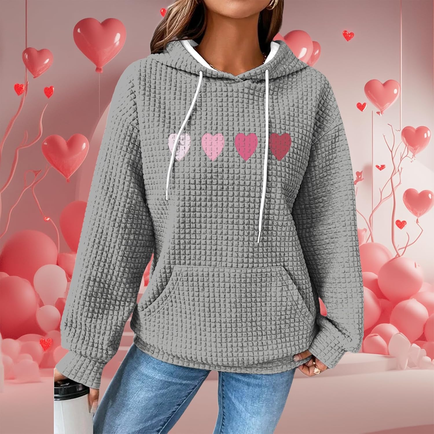 Women's Oversized Valentines Day Hoodie Long Sleeve Casual Love Hooded Sweatshirt Trendy Comfy Tops with Pockets - Image 2