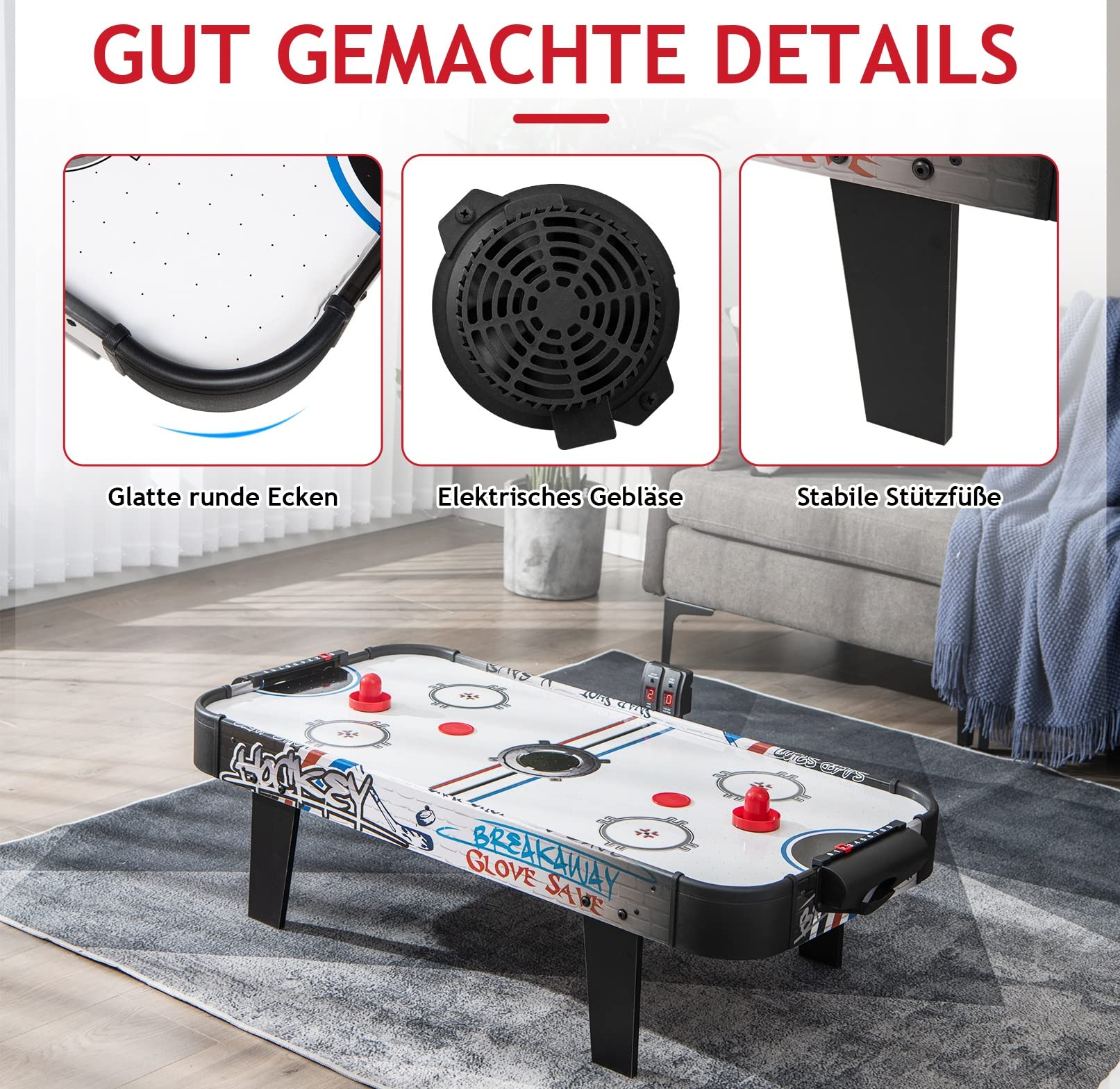 GOPLUS Airhockey Tisch, 42 cm Air Hockey Spieltisch mit Elektronischem Punktezähler & Motor, Lufthockey Tisch inkl. Pucks & Pushers & Tor, Tischhockey aus Holz, für Kinder & Erwachsene, für Zuhause