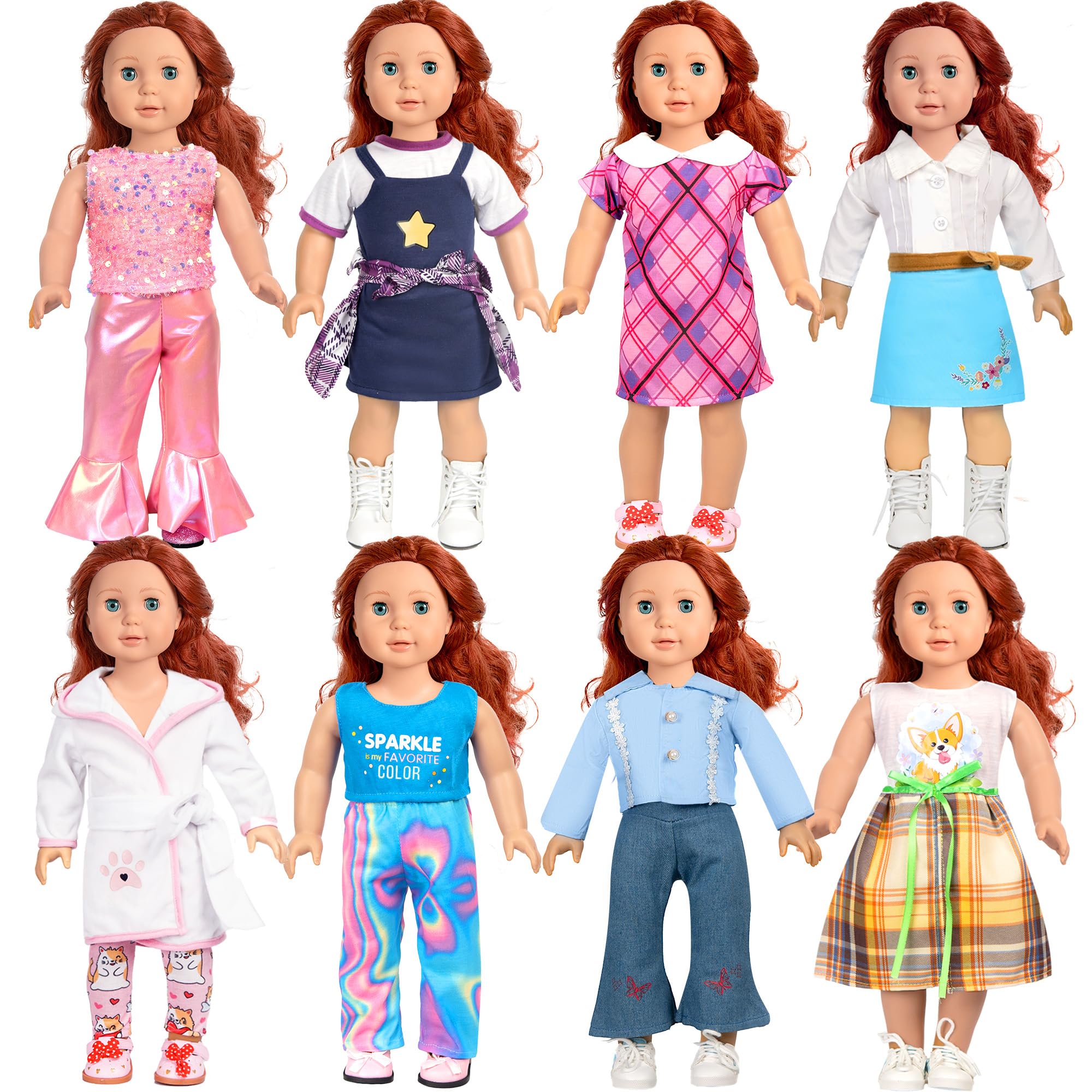WONDOLL American 18-Inch Doll Clothes, 8 Sets Doll Clothing and Accessories for 18 inch Doll, Baby Doll Dress up Toys for Girls Kids