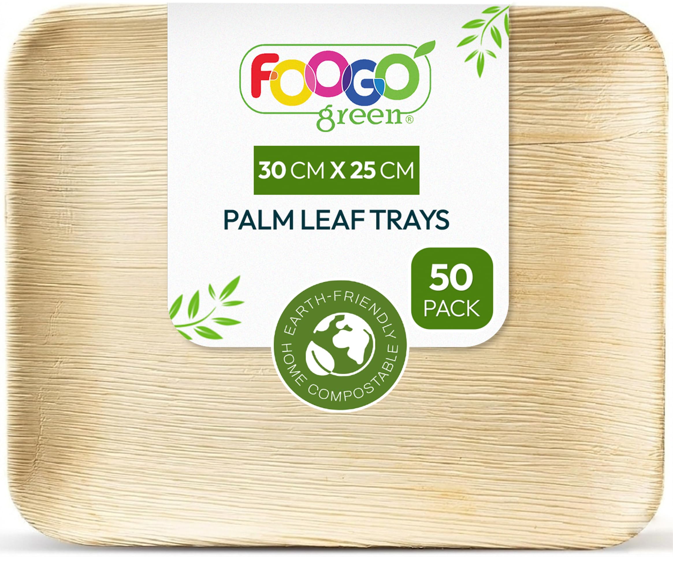 FOOGO Green 50 Disposable Palm Leaf Serving Trays, Large 12x10 inch (30x25cm), for Platters, Starters, Wedding Parties, Charcuterie Board, Eco Friendly, Biodegradable Wooden Trays for Hot Food
