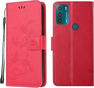 Phone Case for Motorola Moto G30 / Moto G10, Flip PU Leather Notebook Wallet Card Holder Protective Cover Lotus Butterfly Embossed with Magnetic Kickstand TPU Bumper Shockproof Case, Rose Red