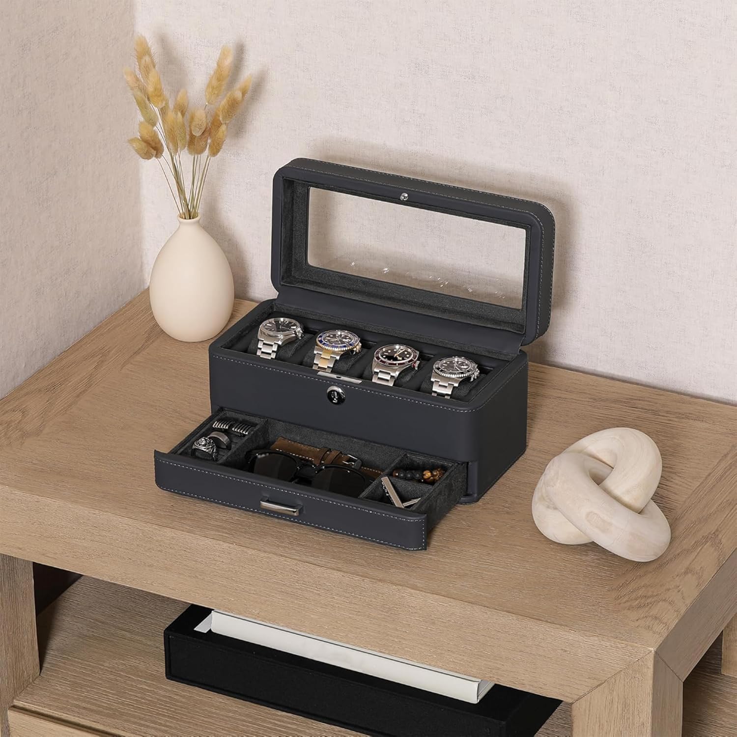 ROTHWELL 4 Slot Leather Watch Box with Valet Drawer - Luxury Case Display Jewelry Organizer, Locking Display Case Holder with Real Glass Top - Watch Box Organizer for Men & Women (Carbon)