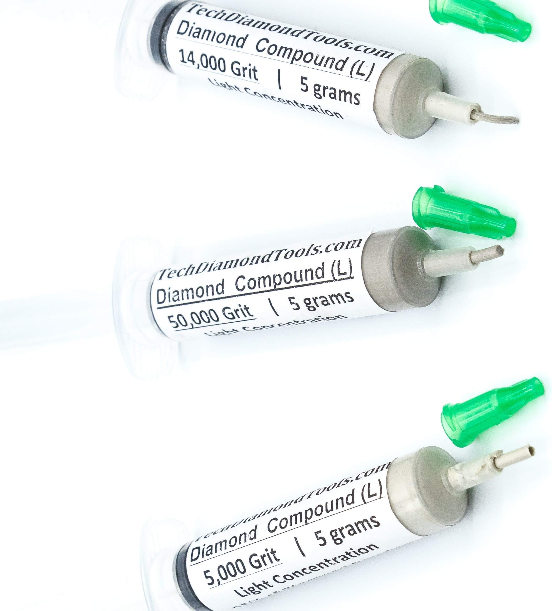 TechDiamondTools Diamond Polishing Paste Set of 3 Syringes X 5 Grams (L), Polishing Lapping Compound, Sizes 5000 14000 50000 Grit, Mesh - With Light(10%) Concentration of Diamond Powders