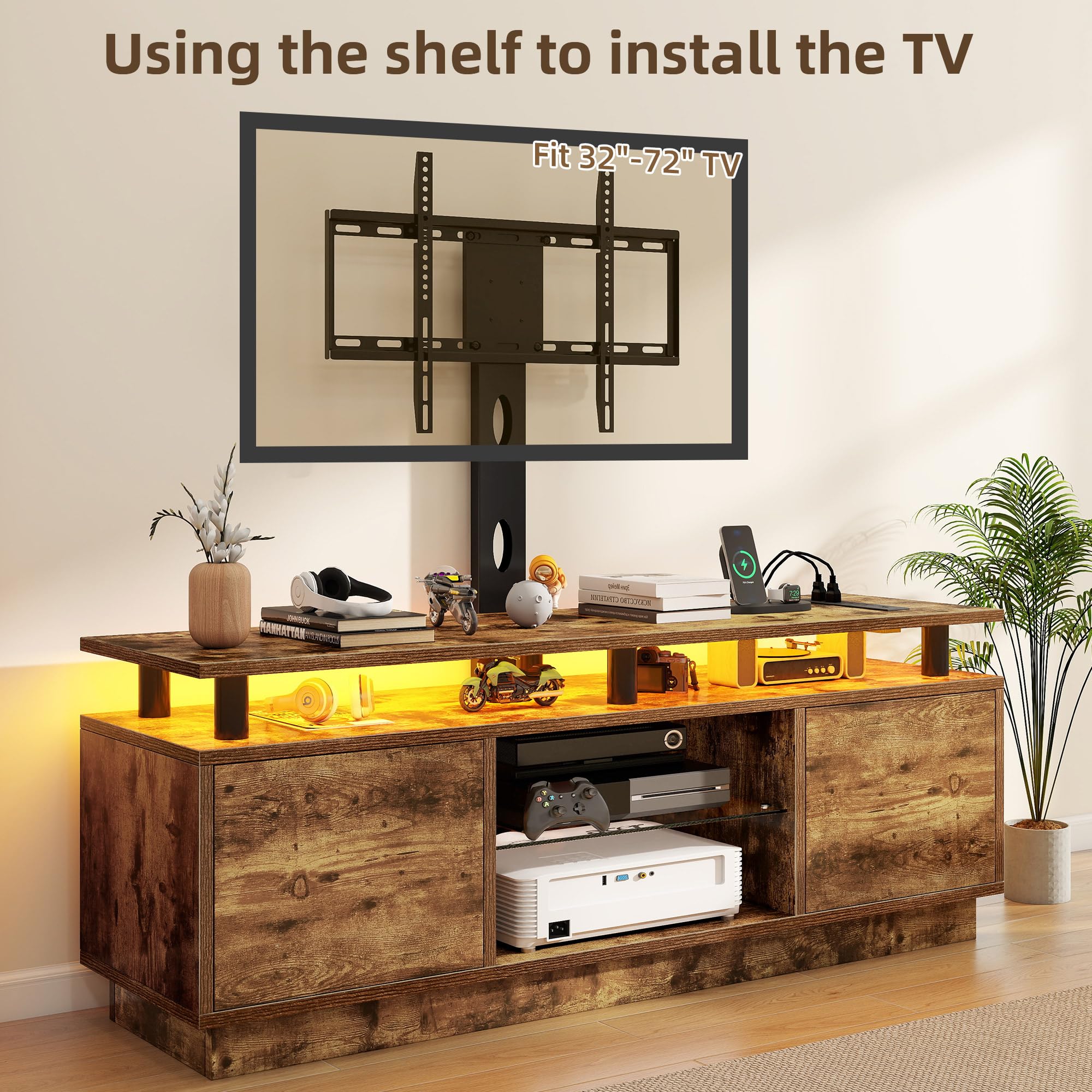 DWVO TV Stands for Living Room, Modern TV Stand for 70/65 inch TV with Mount & Power Outlet, LED Entertainment Center with Storage, Gaming Media Stand, Rustic Brown