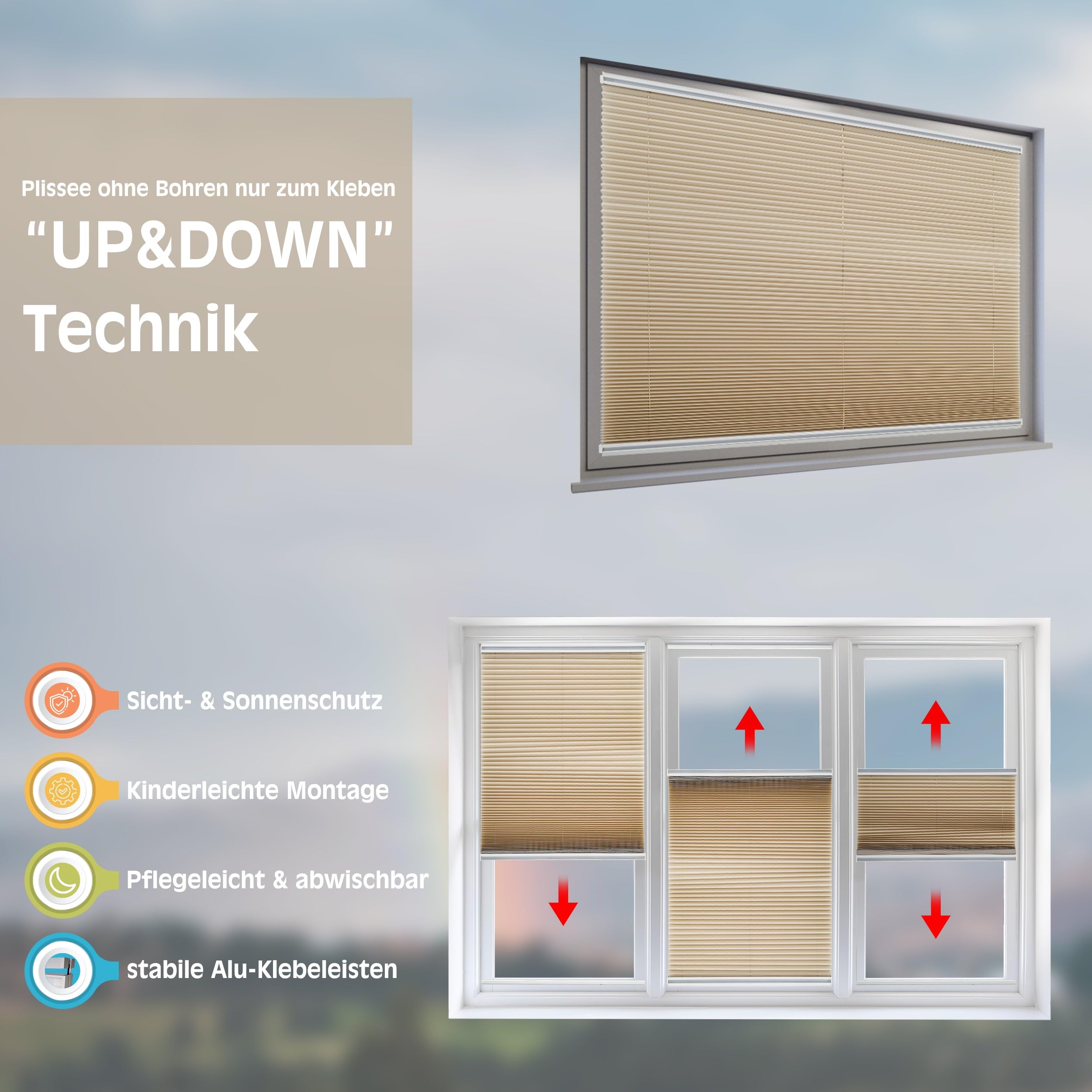 Brillant® Premium Plissee ohne Bohren zum Kleben, Plisseerollo mit Aluminium-Klebeleiste | Sonnenschutz & Sichtschutz für Fenster & Balkontür | Beige - Sand | 80x130 cm (BxH)