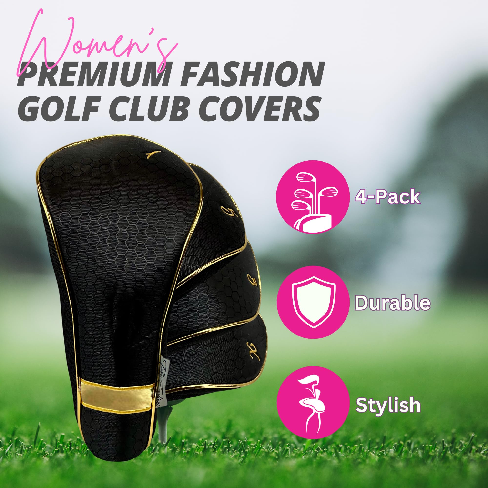 Womens Designer Golf Club Covers 4 Pack - Taboo Fashions Numbered Head Covers for Driver Woods & Hybrid - Weather/Moisture Resistant Protection (Black Prints)