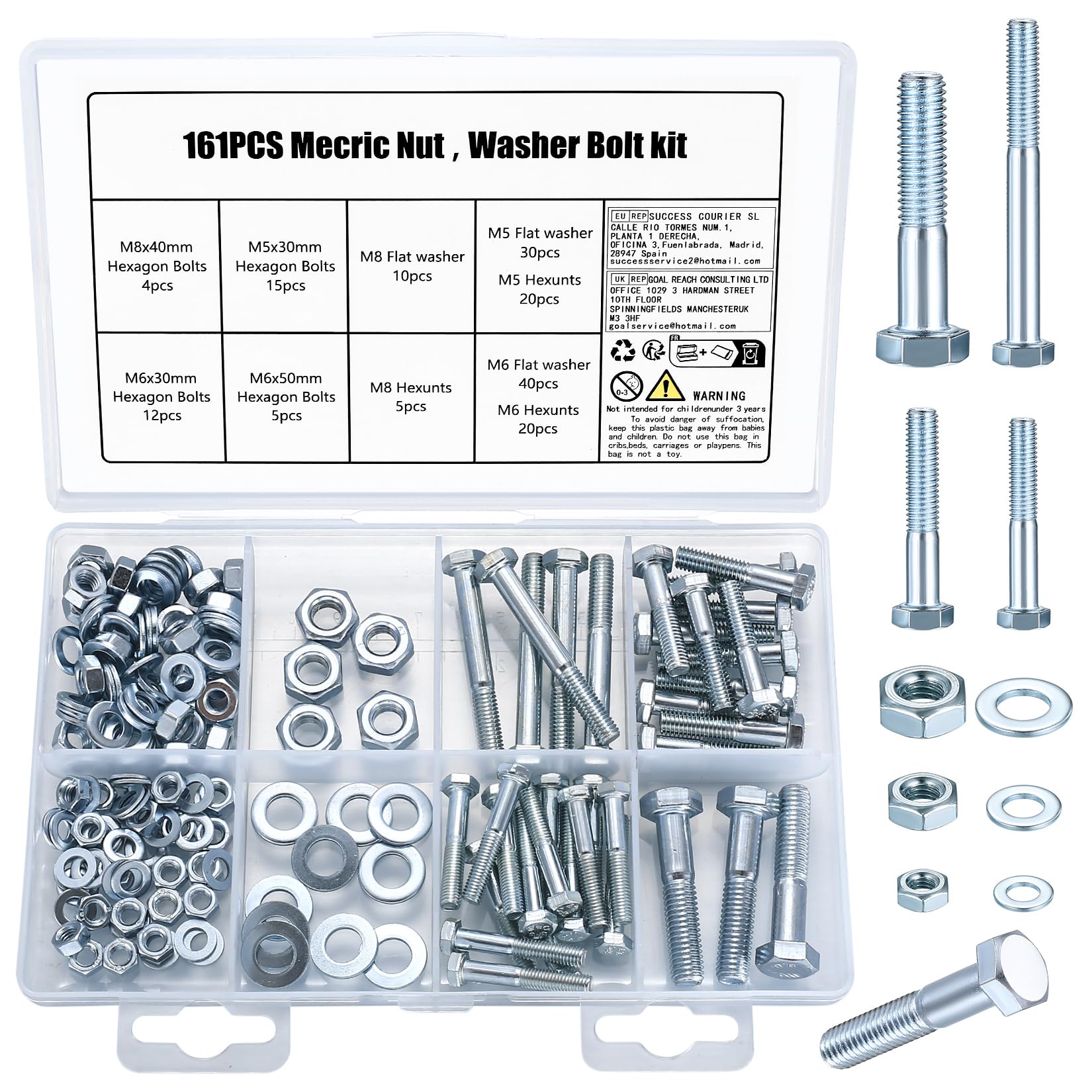 161 Pcs M5 M6 M8 Hex Bolts and Nuts Set, Hexagonal Screws Nuts and Bolts and Washers, Machine Screws Assortment Kit, Partially Threaded Bolts for Car, Bike, Furniture, Mechanical