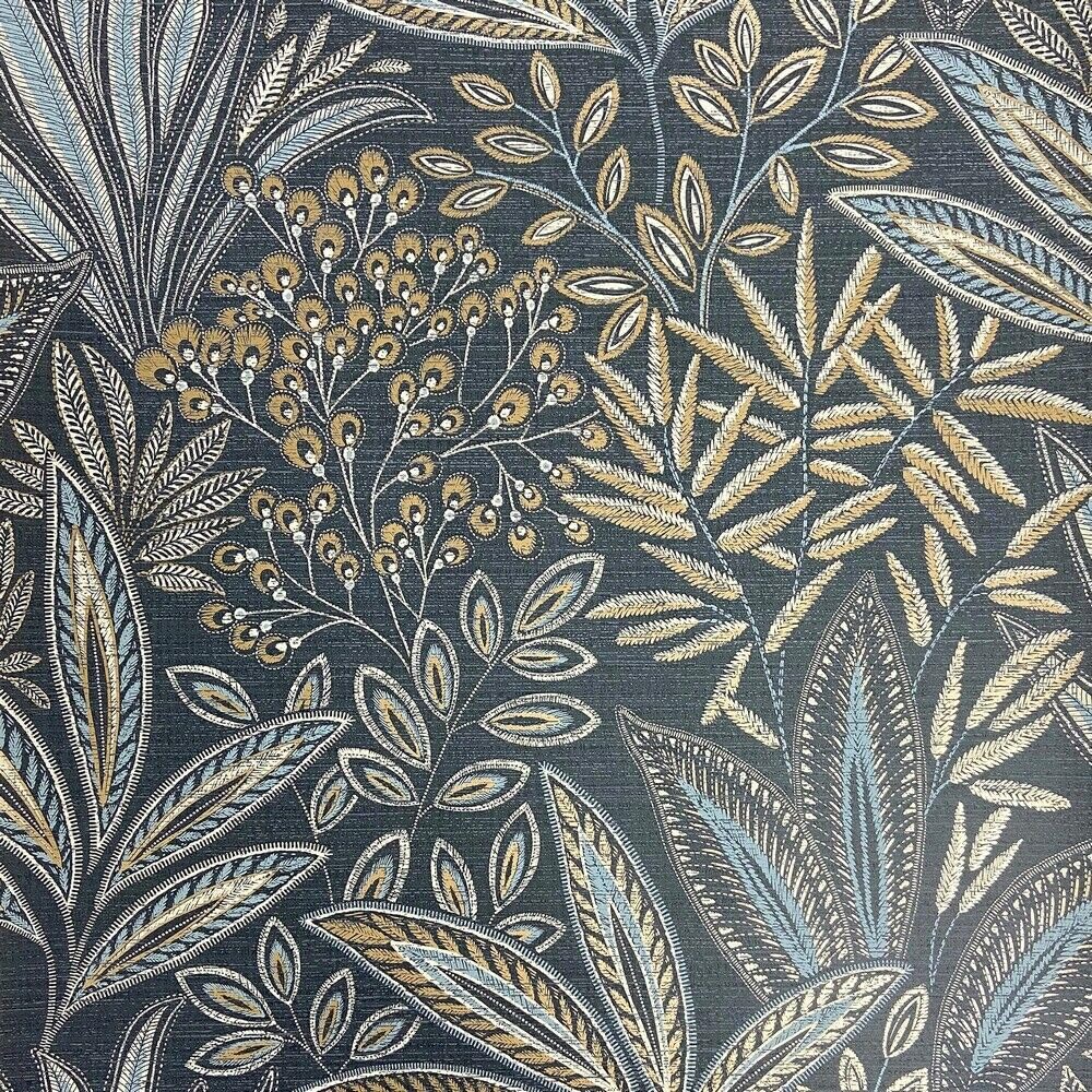 Crown Sahara Leaf Navy Wallpaper M1784