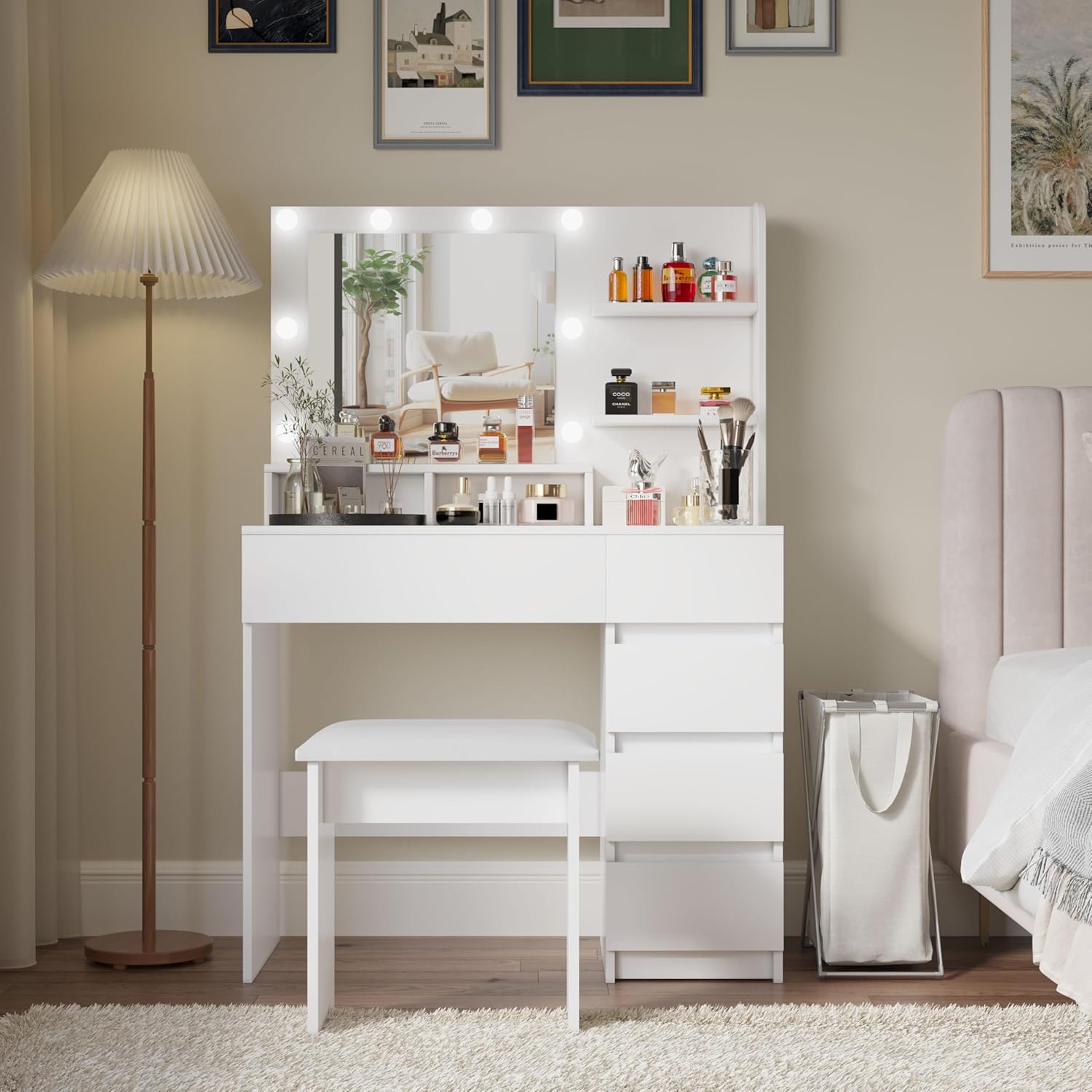 Vanity Desk with Mirror and Lights, Makeup Vanity with Vanity Stool, 5 Drawers and Cabinets White Vanity Mirror Vanity Desk and Chair for, 35 Inches (White with Stool) (35.43)
