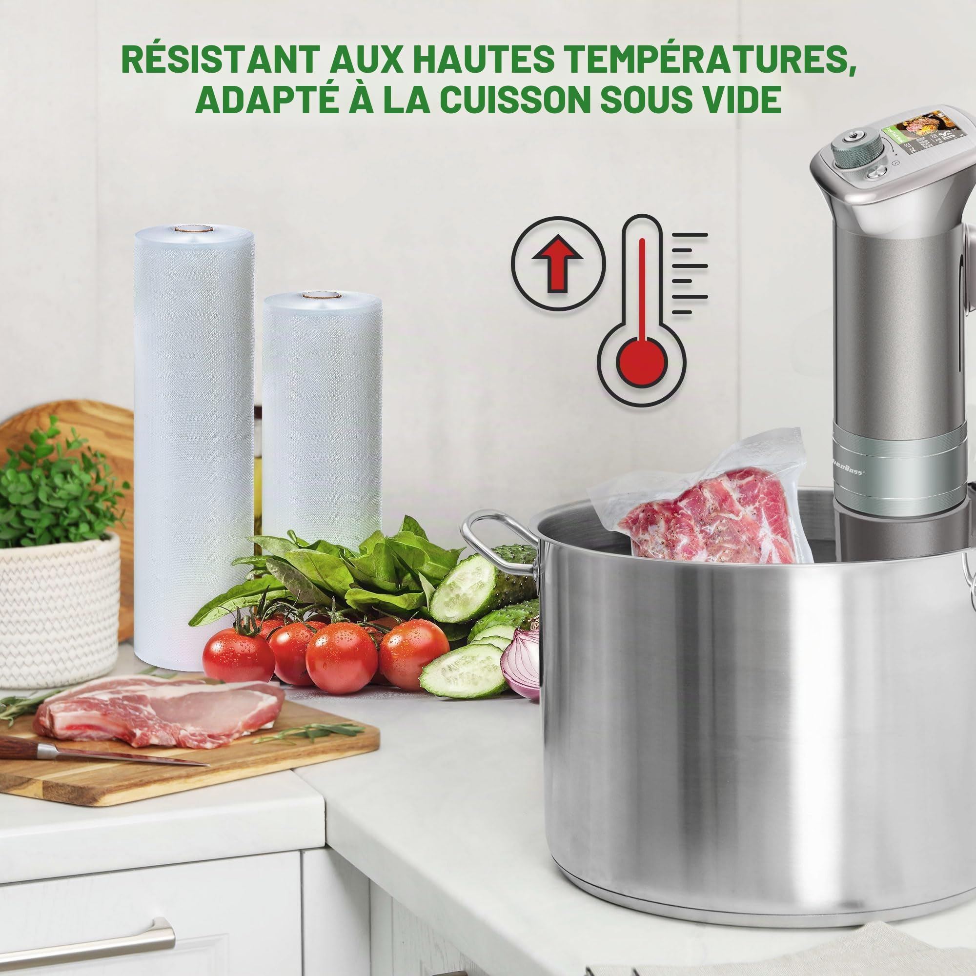 KitchenBoss Sacs Sous Vide Alimentaire 20 Rouleaux avec 2 Boîtes de Coupe：Rouleau Sous Vide Alimentaire 20 x 300 cm (10) + 28 x 300 cm (10), pour Machine Sous Vide et Cuiseurs Sous Vide