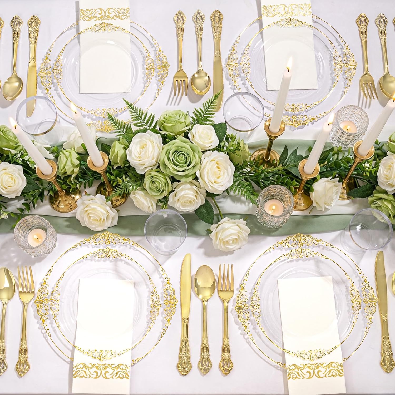 YOUBET 700PCS Clear Gold Plastic Plates - Elegant Gold Plastic Dinnerware Set Include 200 Disposable Plates, 300 Heavy Duty Silverware, 100 Cups, 100 Napkins for Wedding Party - Image 8
