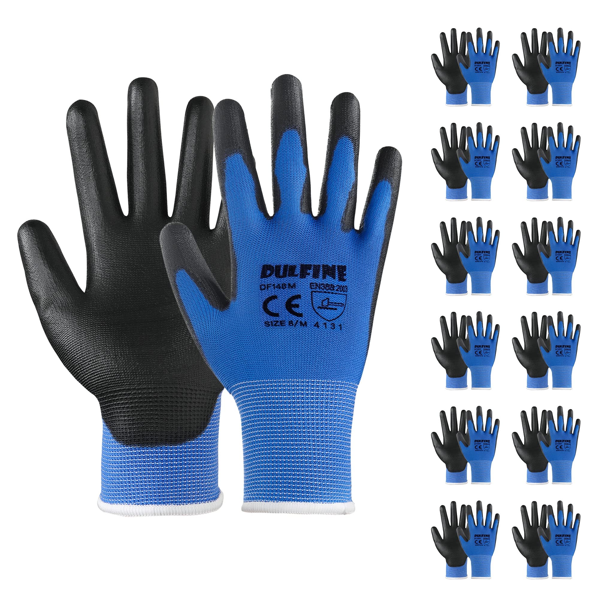 DULFINE Safety Work Gloves for Men &amp; Women 12 Pairs, PU Coated Blue XL