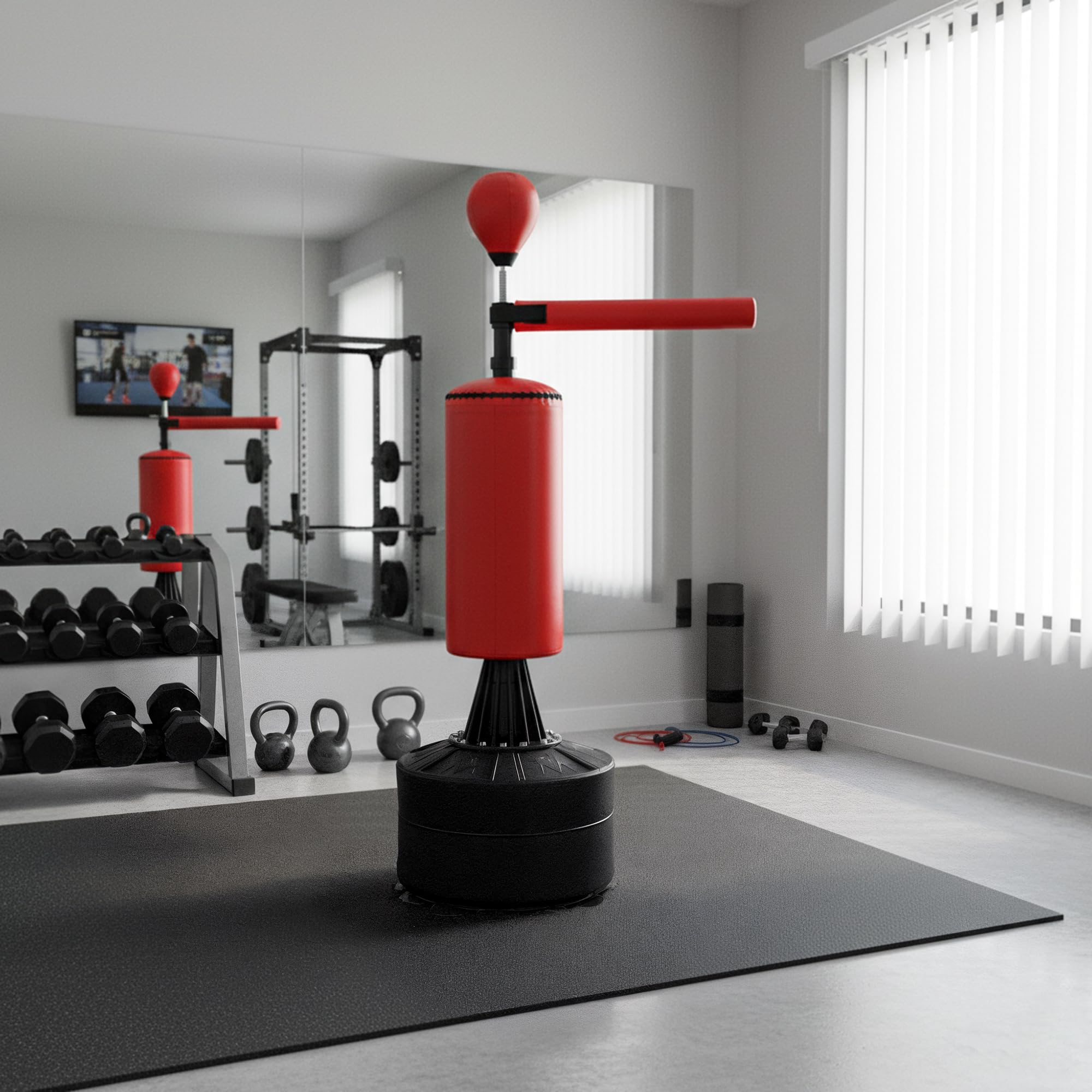 HOMCOM Sacco da Boxe ad Altezza Regolabile con Punching Ball, Base Riempibile e Asta Rotante, Sacco da Terra in PU, EPE e HDPE, 88x48x155-205 cm, Rosso e Nero