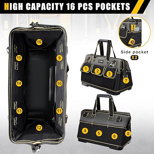 Miniatura 3 de Bolsa de herramientas de 17 pulgadas para hombres con base moldeada impermeable, bolsa de boca ancha de alta capacidad, bolsas de herramientas para