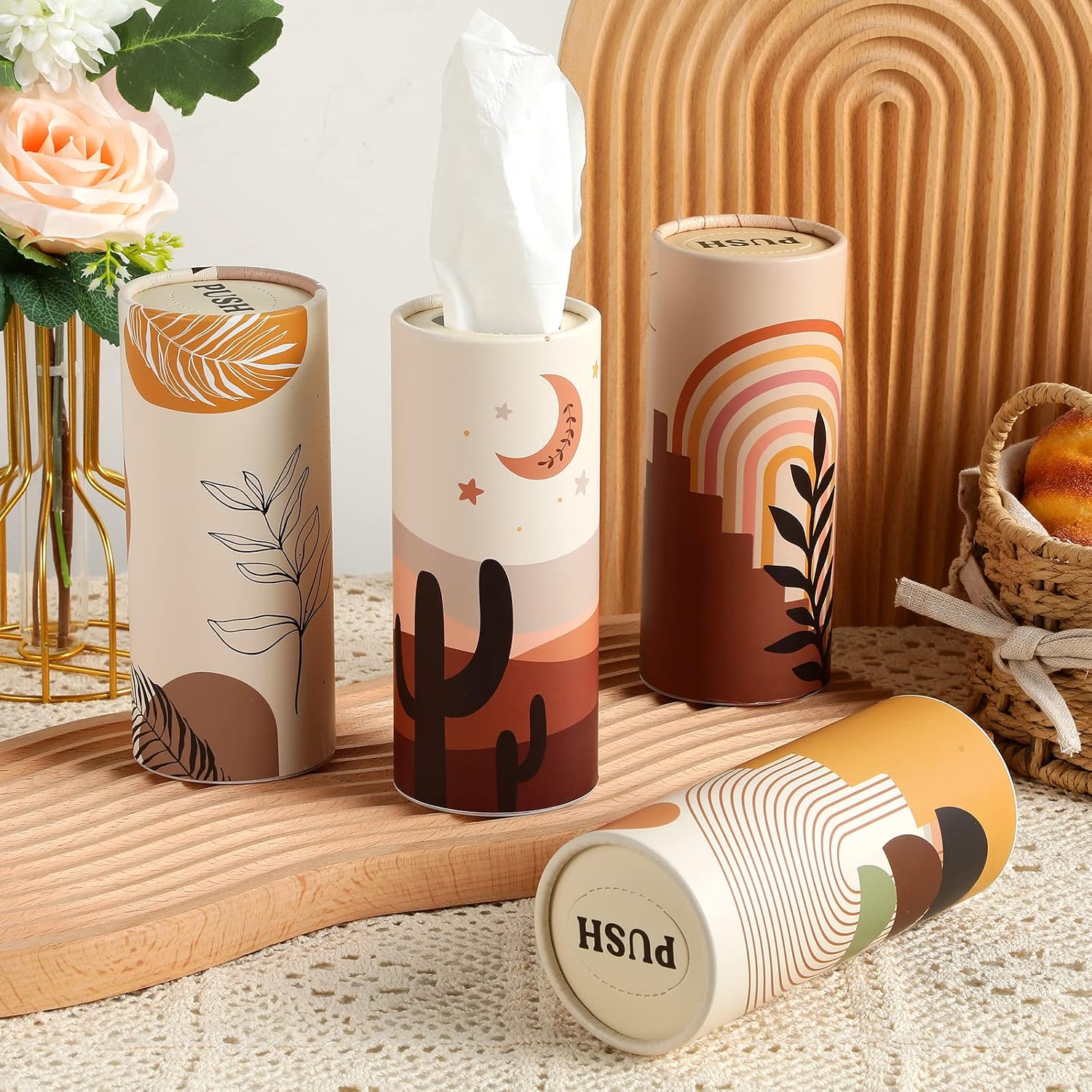 Tatuo 4 Pack Car Tissues Cylinder Holder with 3 Ply Facial Bulk Boho Round Tissue Holder Travel Tissues Boxes Container for Car Cup Wedding Gifts Home Bathroom Office (Warm)
