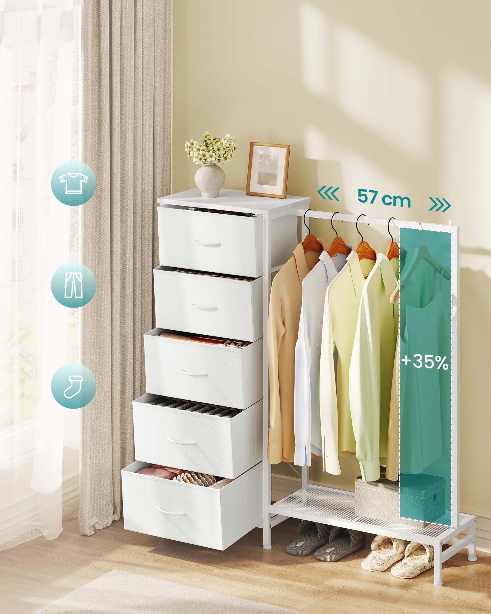 SONGMICS Wieszak na Ubrania z 5 Szufladami, Otwarta Szafa z Drążkiem i Półką na Buty, Organizer do Sypialni i Przedpokoju, 96,2 x 30 x 117,7 cm, Chmura Biała, Kolekcja BELLAH LGS423W101