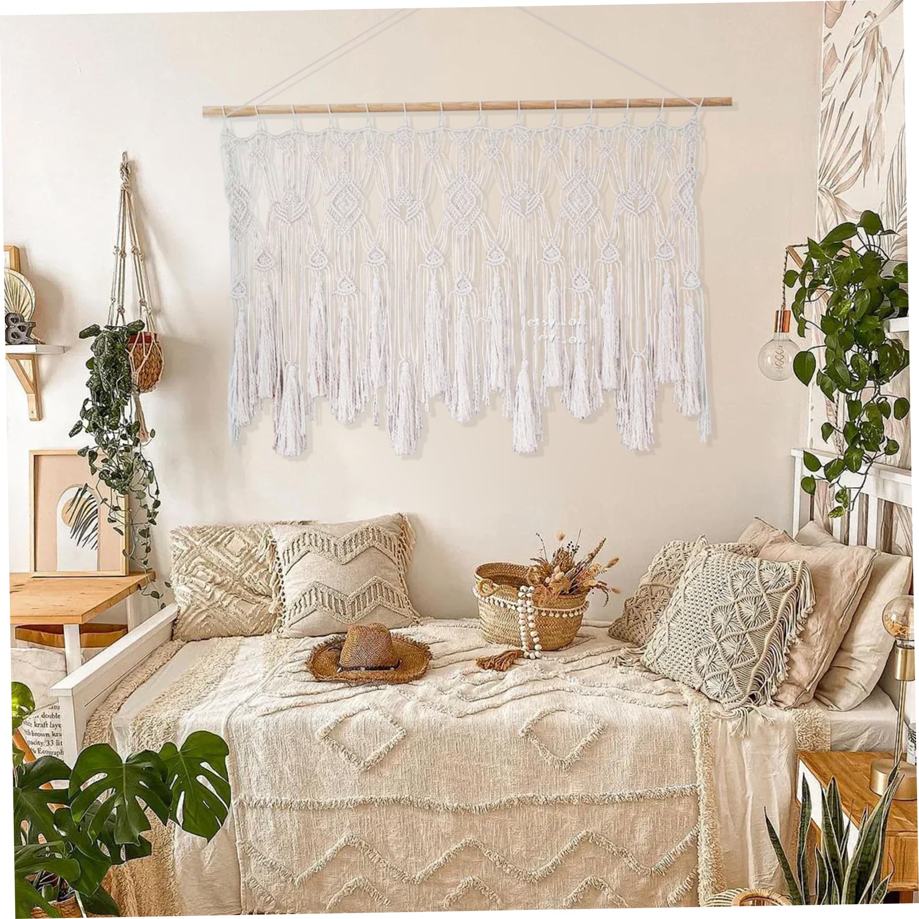 Cortinas de macramé para Ventanas, Cenefa de macramé Tejida con Cuerda de algodón, Cenefa Bohemia Corta para Colgar en la Pared para Puerta de balcón de Cocina, Dormitorio, 47x22 Pulgadas-