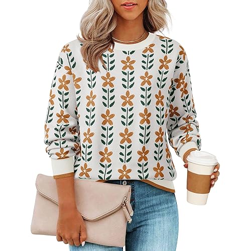ZESICA Women's Long Sleeve Crewneck Sweater 2025 Fall Printed Cute Oversized Knitted Pullover Tops Trendy Clothes