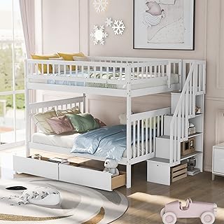 Full Over Full Bunk Bed with Stairs, Wooden Bunk Bed with Storage Drawers, Weight Capacity up to 600 lbs per Bed, for Kids Teens Adults (White)