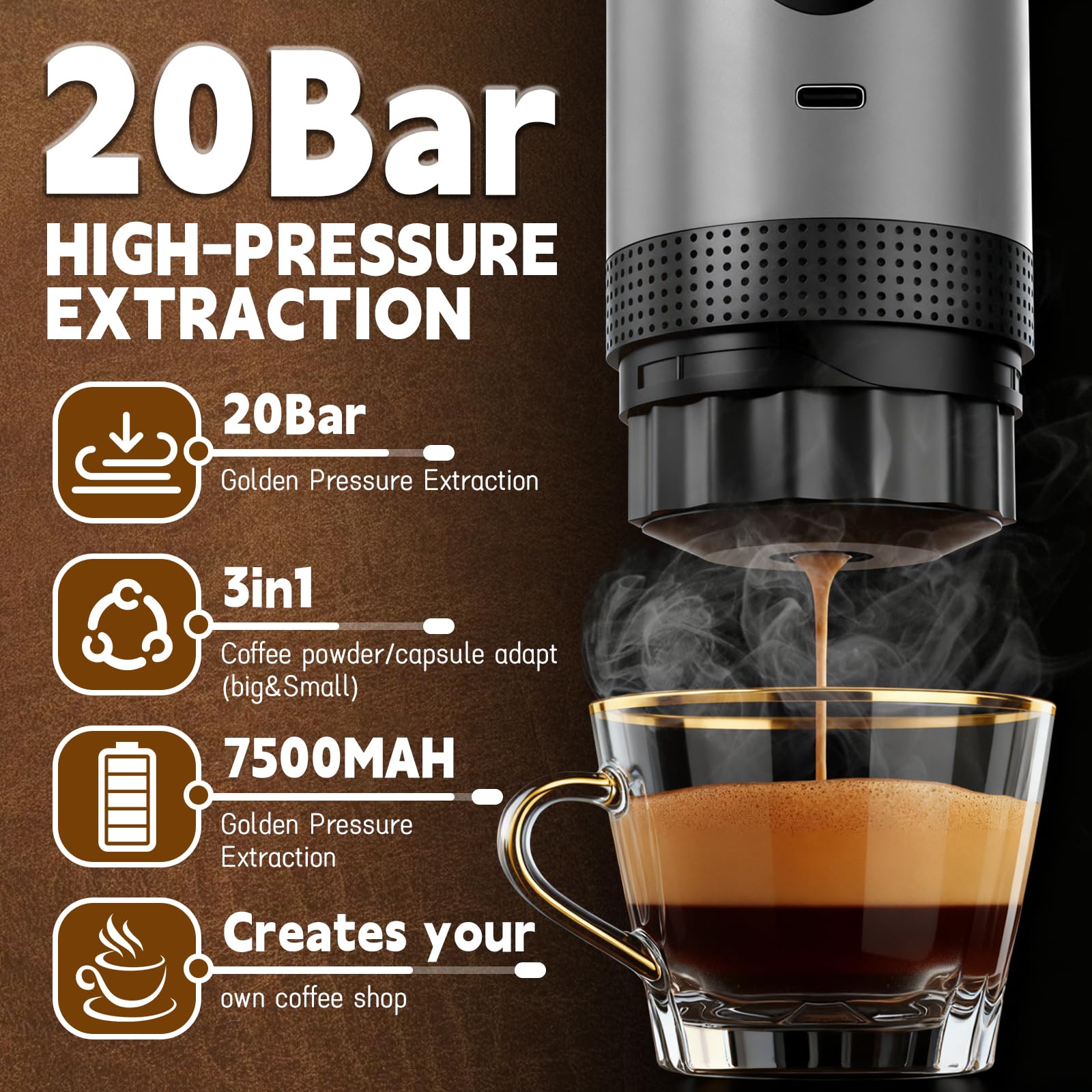 Cafetera espresso portátil compatible, mini cafetera 3 en 1 con batería | con cápsulas grandes, cápsulas pequeñas y café en polvo, calentamiento rápido, cafetera automática con pantalla