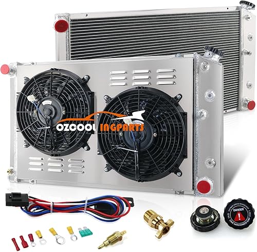 OzCoolingParts Radiador CU161 RAD161 de aluminio de 3 filas + ventilador de 2 x 12 pulgadas con cubierta + kit de termostato para camioneta Chevelle
