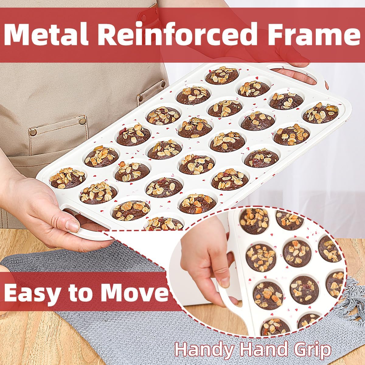 CAKETIME Mini Muffin Pan, Metal Reinforced Frame Mini Cupcake Pans 24 Cups Nonstick Muffin Silicone Molds with Handle for Baking Muffins, Cupcakes, Egg Bites 2 Pack Heart-Shaped - Image 3