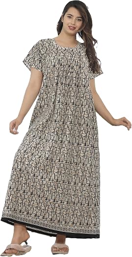 DIAMO Pure Cotton Jaipuri Rajasthani Hand Block Print Nighty Gown with Side Pocket for Women | Regular, Printed &amp; Full Len...