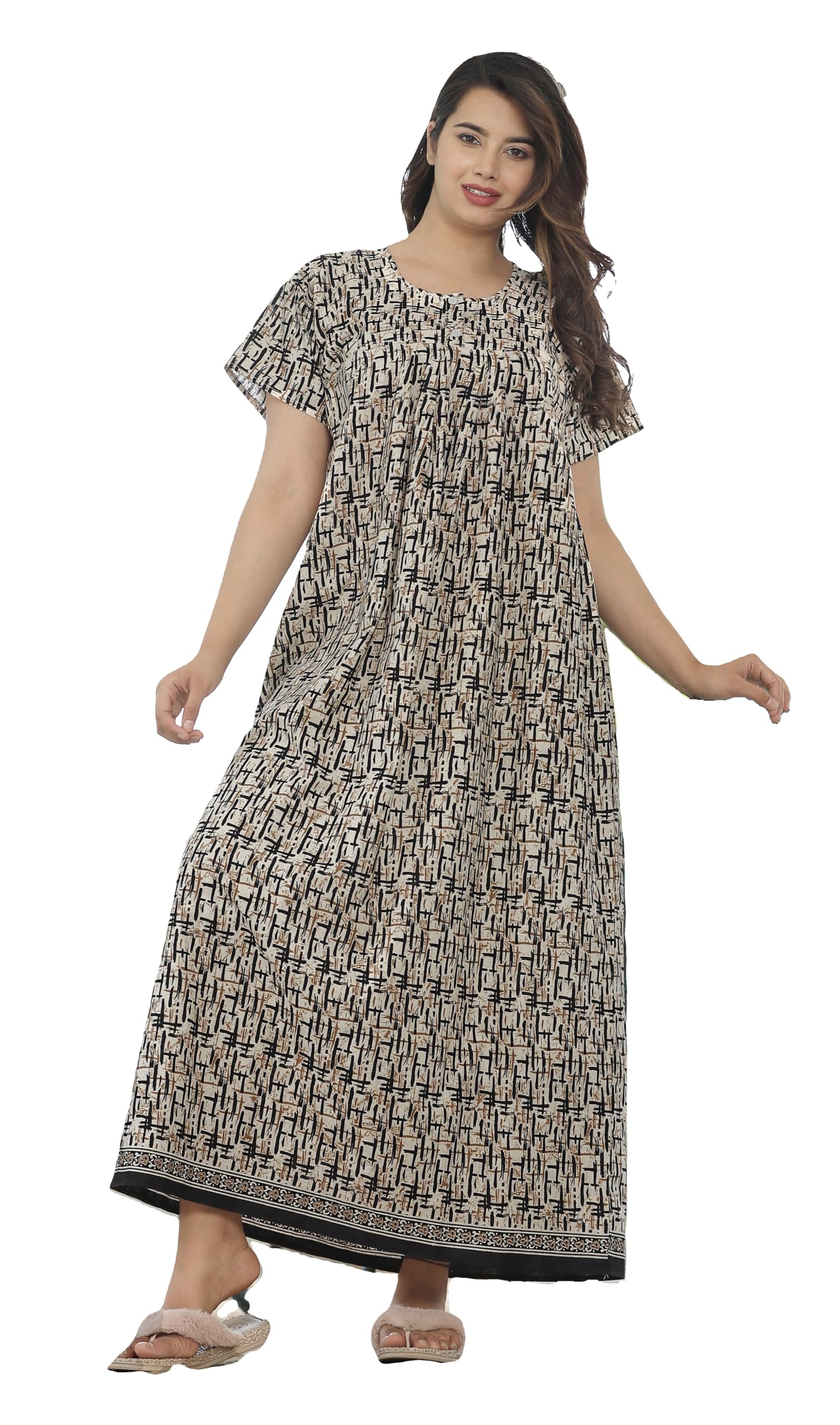 Pure Cotton Jaipuri Rajasthani Hand Block Print Cotton Nighty Gown with Side Pocket for Women | Regular, Printed & Full Length Maxi Night Gown | Night Wear Nighties for Women-image-16