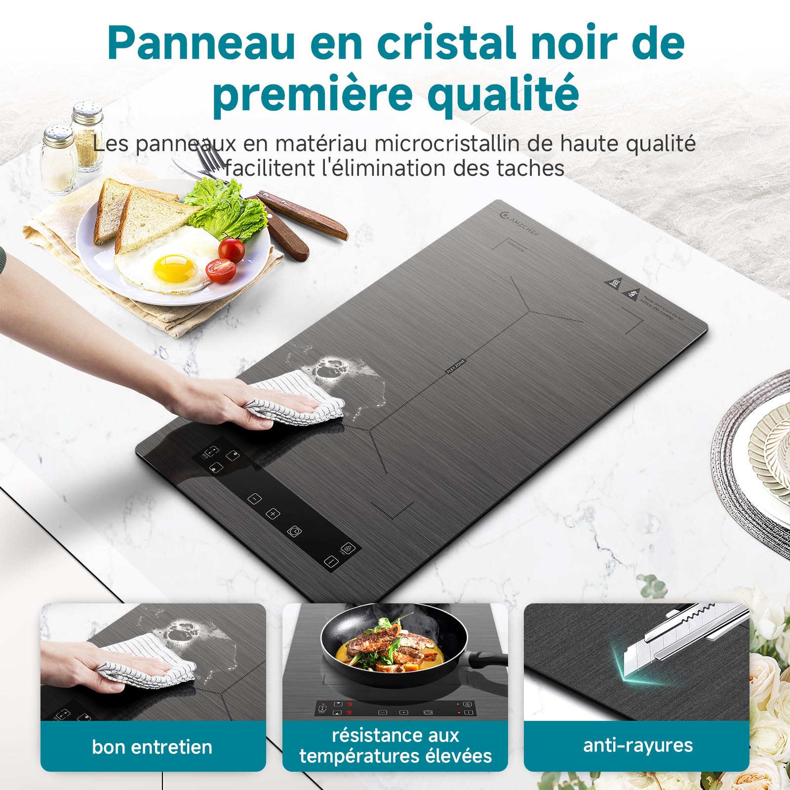 AMZCHEF Plaque à induction 2 feux 3300W avec zones flexibles, verrouillage sécurité et minuterie