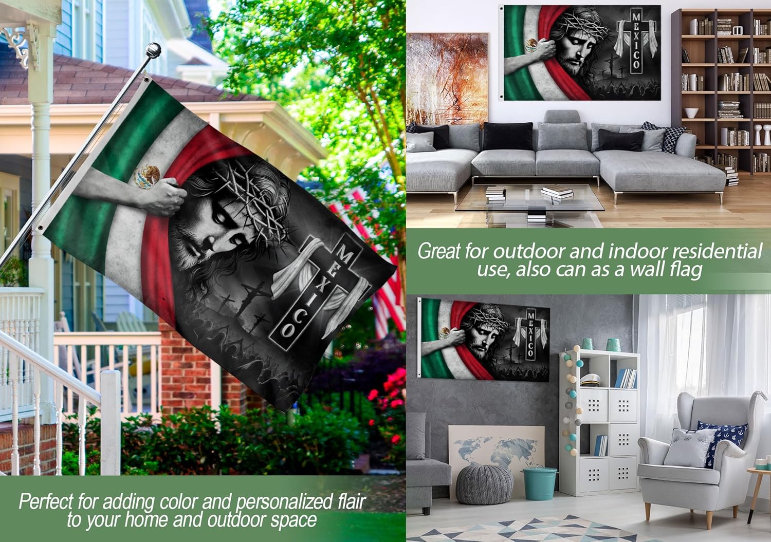 Mexico House Flag, Jesus Flags, Big Mexican Flag For Truck With Aztec Design, 3x5 Double Sided Mexico Flags, 2 Brass Grommets 7 (3x5ft)