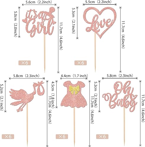 Miniatura 2 de 30 piezas de decoración para cupcakes "It's a Girl" para cupcakes "It's a Girl", con lazo con purpurina, para decoración de tartas de corazón,