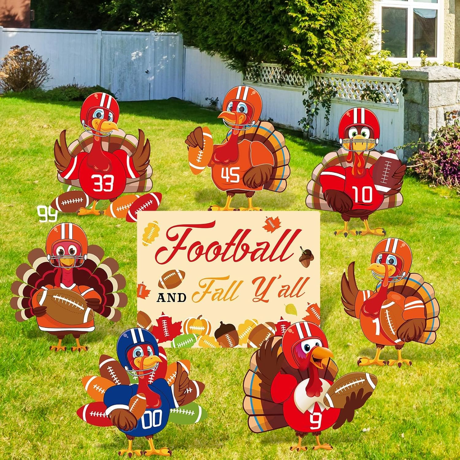 Whaline 8Pcs Fall Football Turkey Yard Sign with Stakes Thanksgiving Turkey Theme Lawn Sign Sports Game Yard Decorations for Outdoor Autumn Party Lawn Garden Supplies