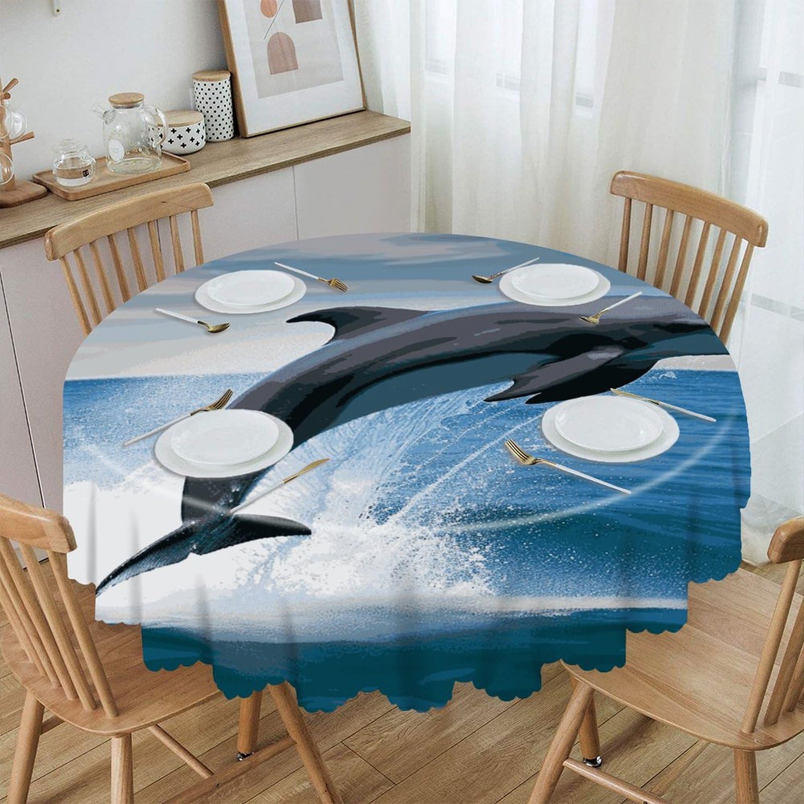 FekiLoot Jumping Up Dolphins Round Tablecloth 60 Inch Waterproof Heavy Duty Table Cloth Spillproof Washable Table Cover Wrinkle Resistant Tablecloths Decorative Table Cloths