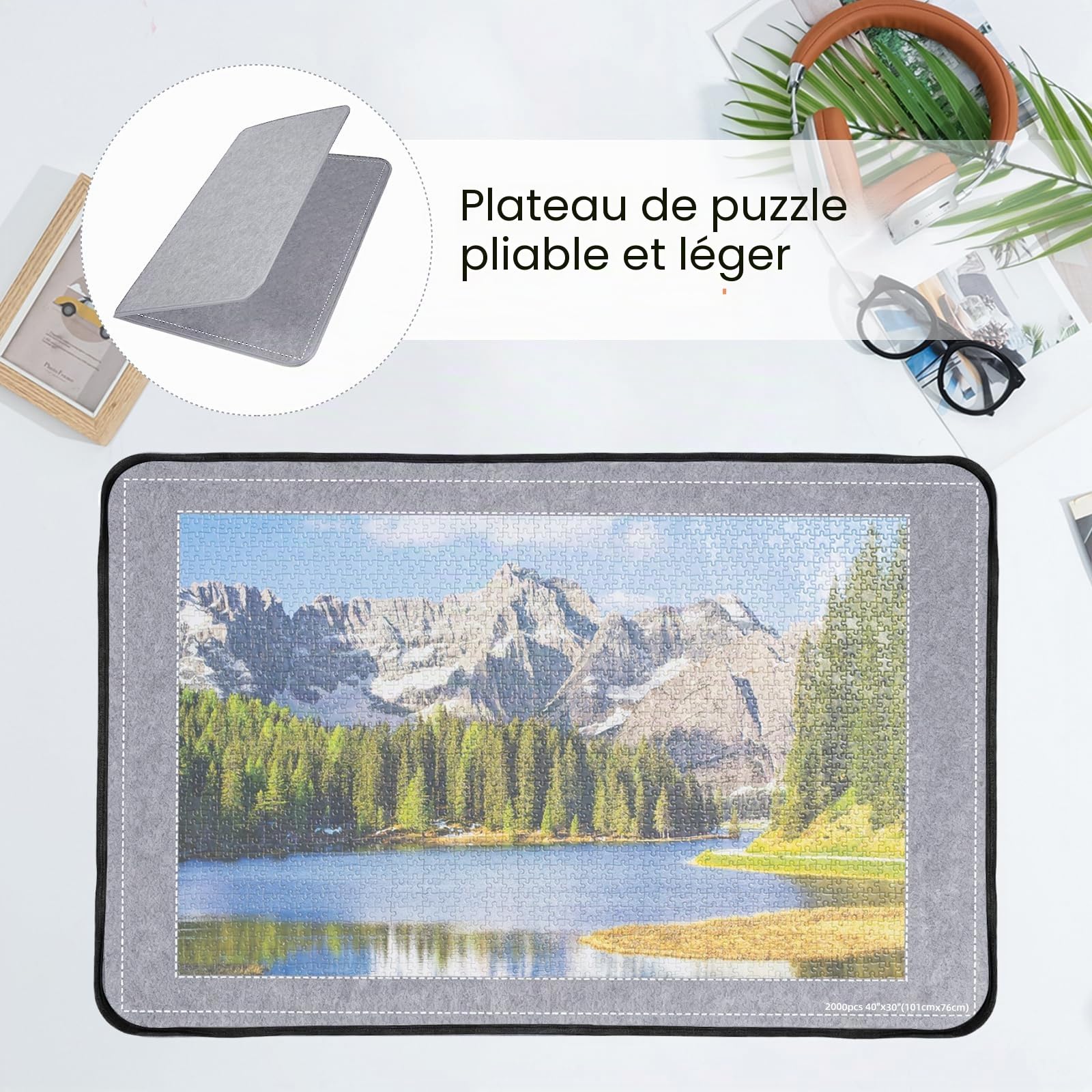 Table de puzzle 2000 pièces avec couvercle, planche de puzzle pliable, accessoires de puzzle 105 x 80 cm, planche de puzzle en feutre super léger avec 8 compartiments de tri et 1 couverture, plaque de