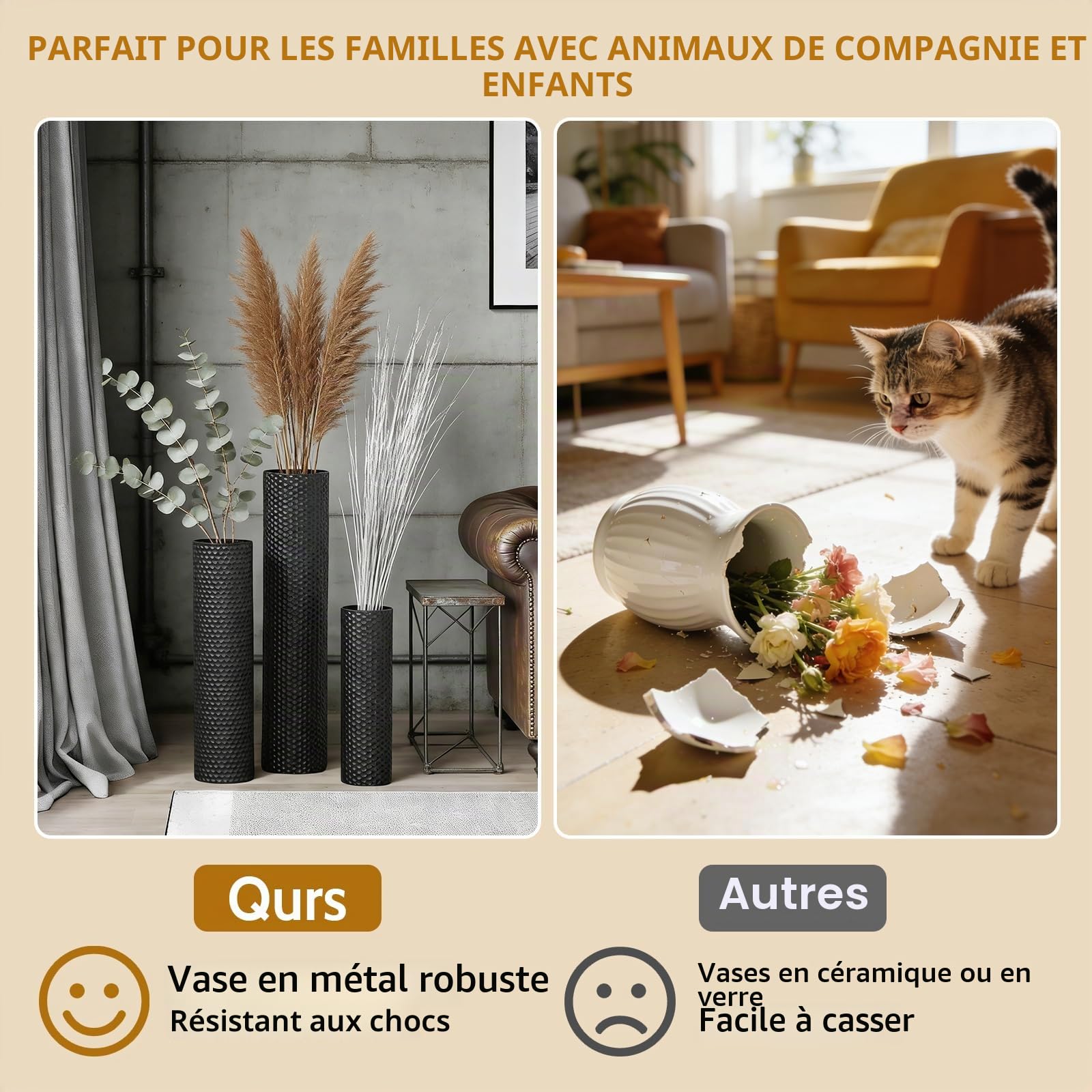 Vase au sol grande en métal vase noire, ensemble de 70/55/40 cm de hautes vases au sol, ensemble de vases de décoration élégantes de texture alvéolaire moderne, grande vase mate de 3 pièces pour salon