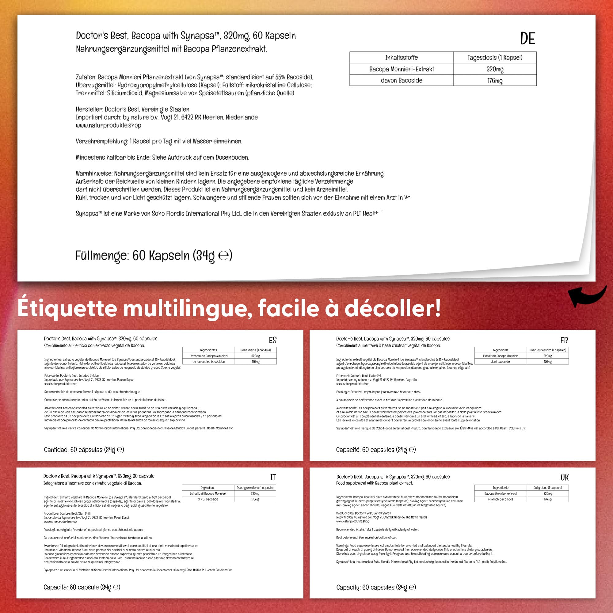 Doctor's Best Bacopa avec Synapsa, 320mg, 60 gélules Végétaliennes, Sans Gluten, Sans Soja, Végétarien